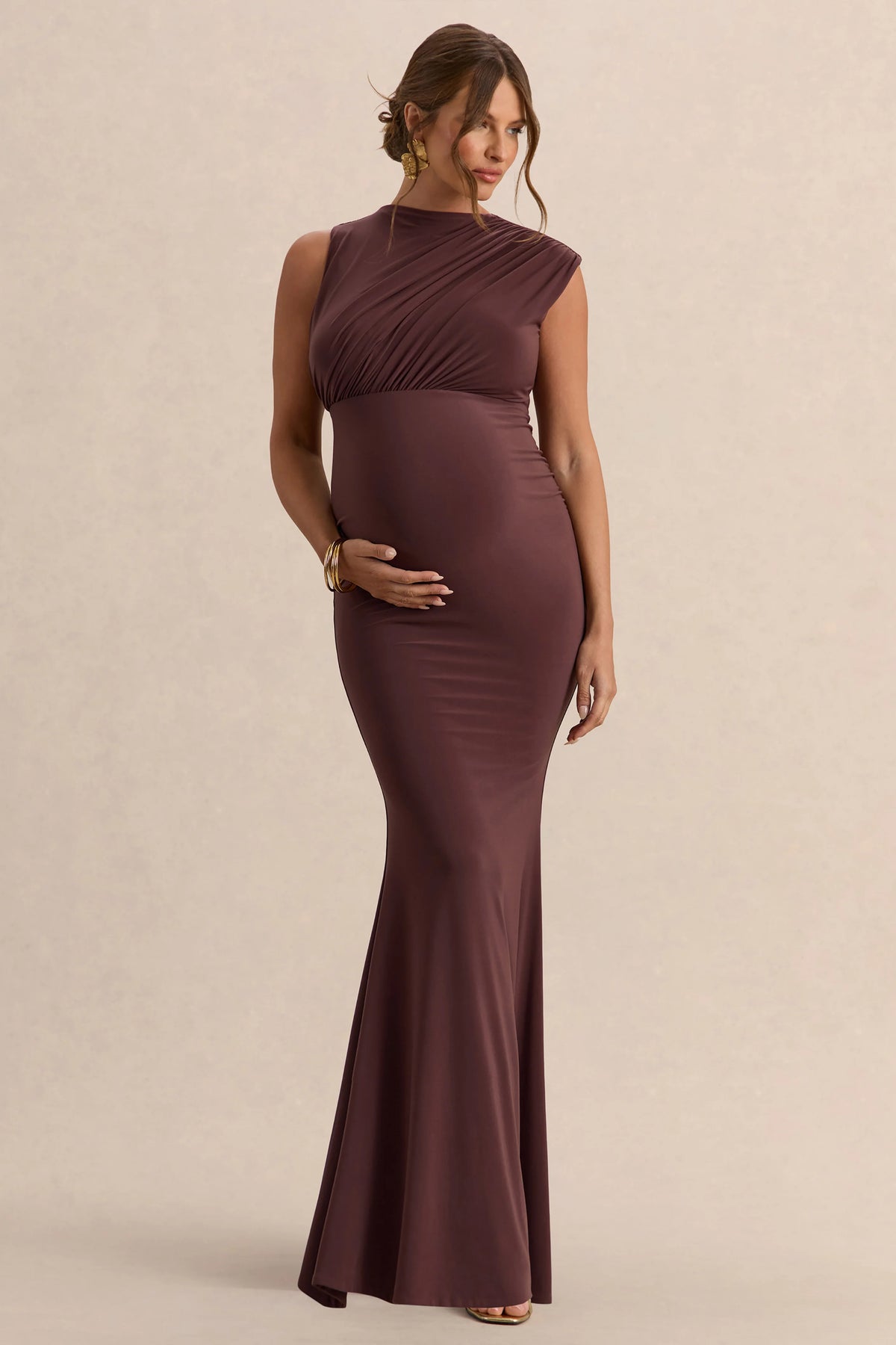 Osanna | Dark Brown Wide-Neck Maternity Maxi Dress With Ruched Detailing