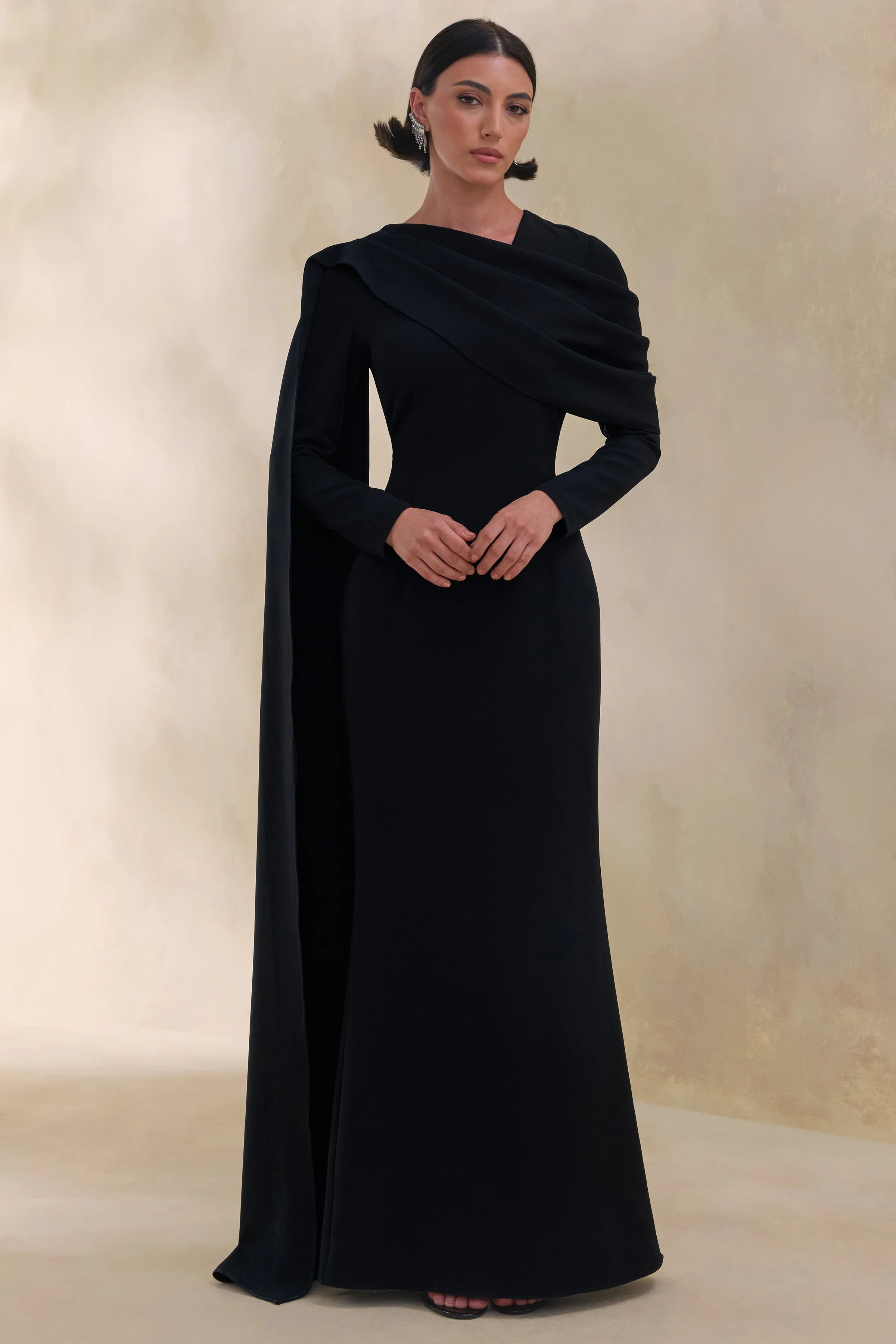 Heliora | Black V-Neck Maxi Dress With Sash And Draped-Detail