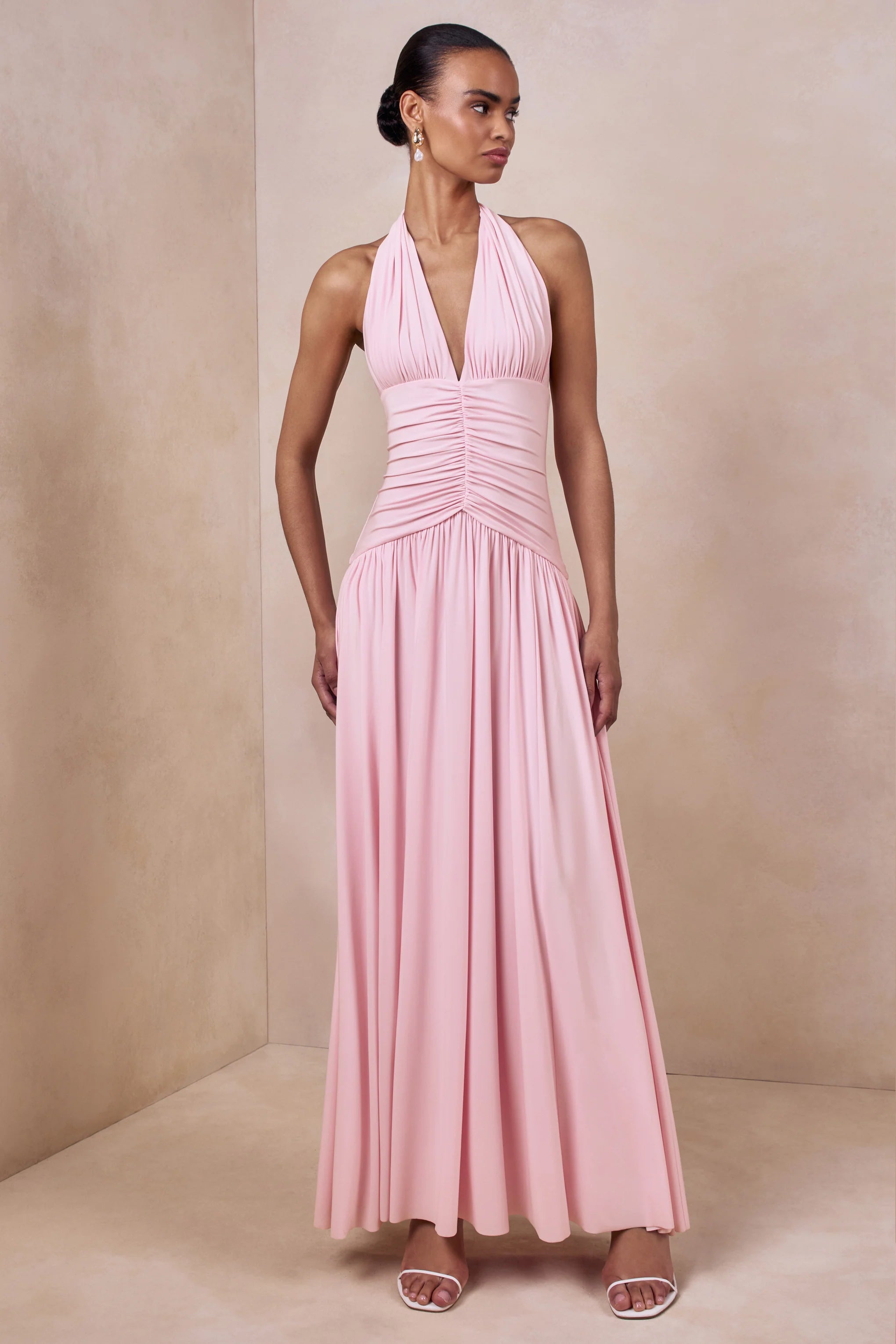 Bettina | Pink Plunge-Neck Maxi Dress With Gathered-Detailing