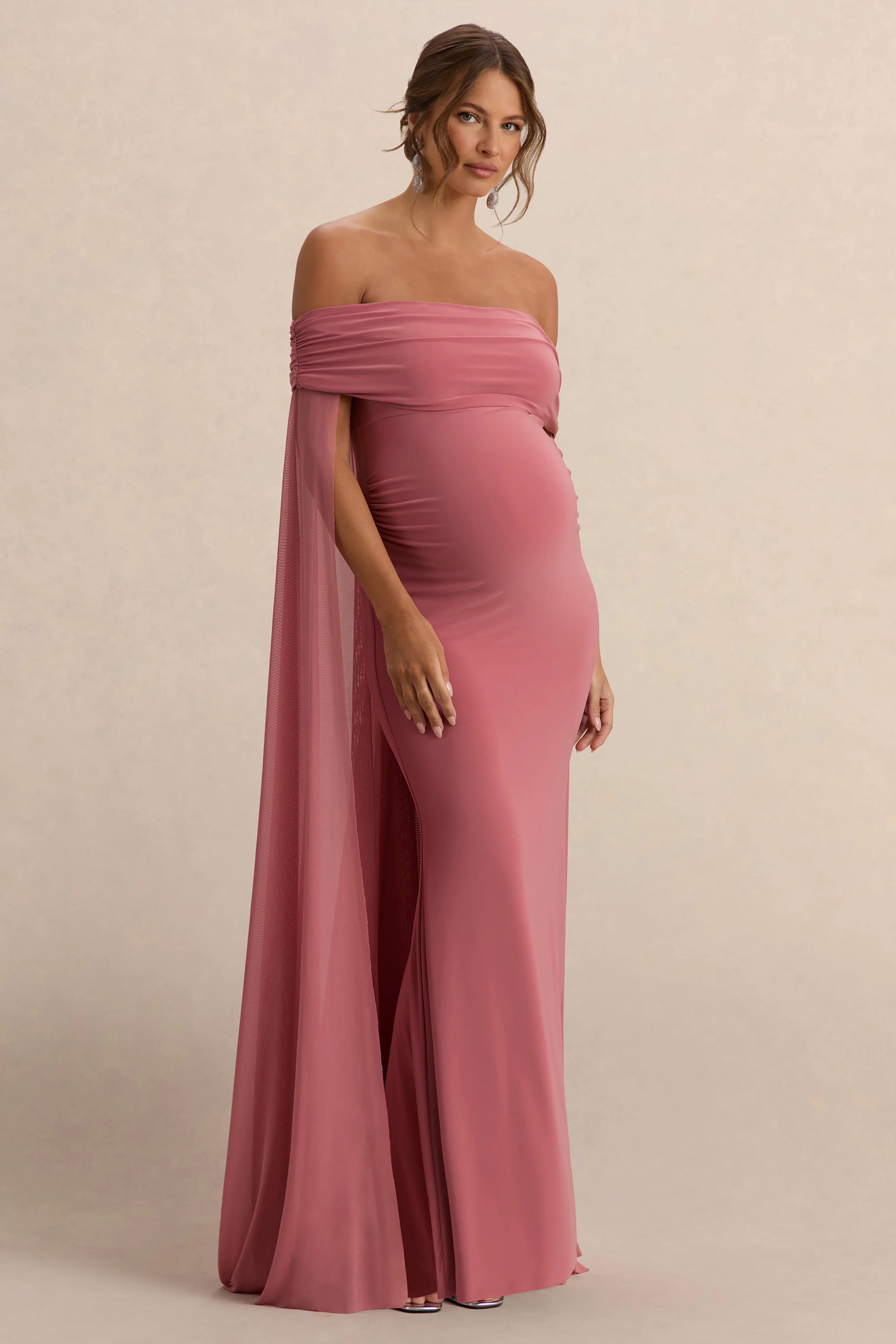 Carlotta | Blush Pink Bardot Maternity Maxi Dress With Chiffon Cape