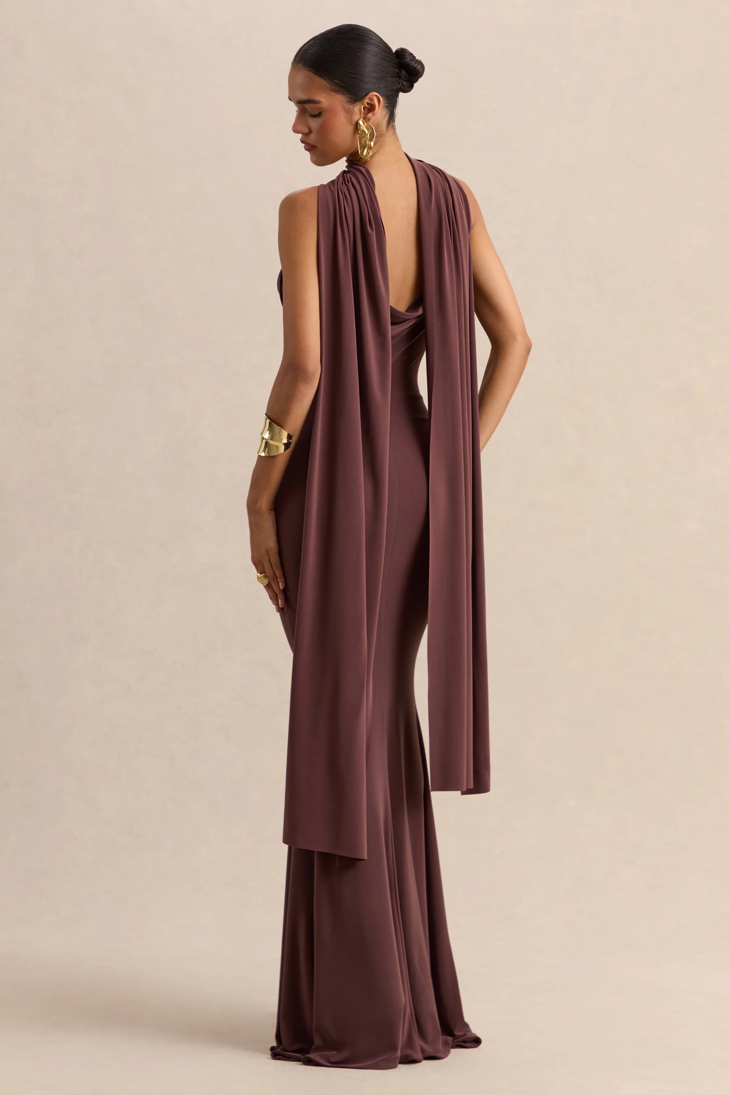 Armelia | Brown Cowl-Neck Maxi Dress With Scarf-Detail