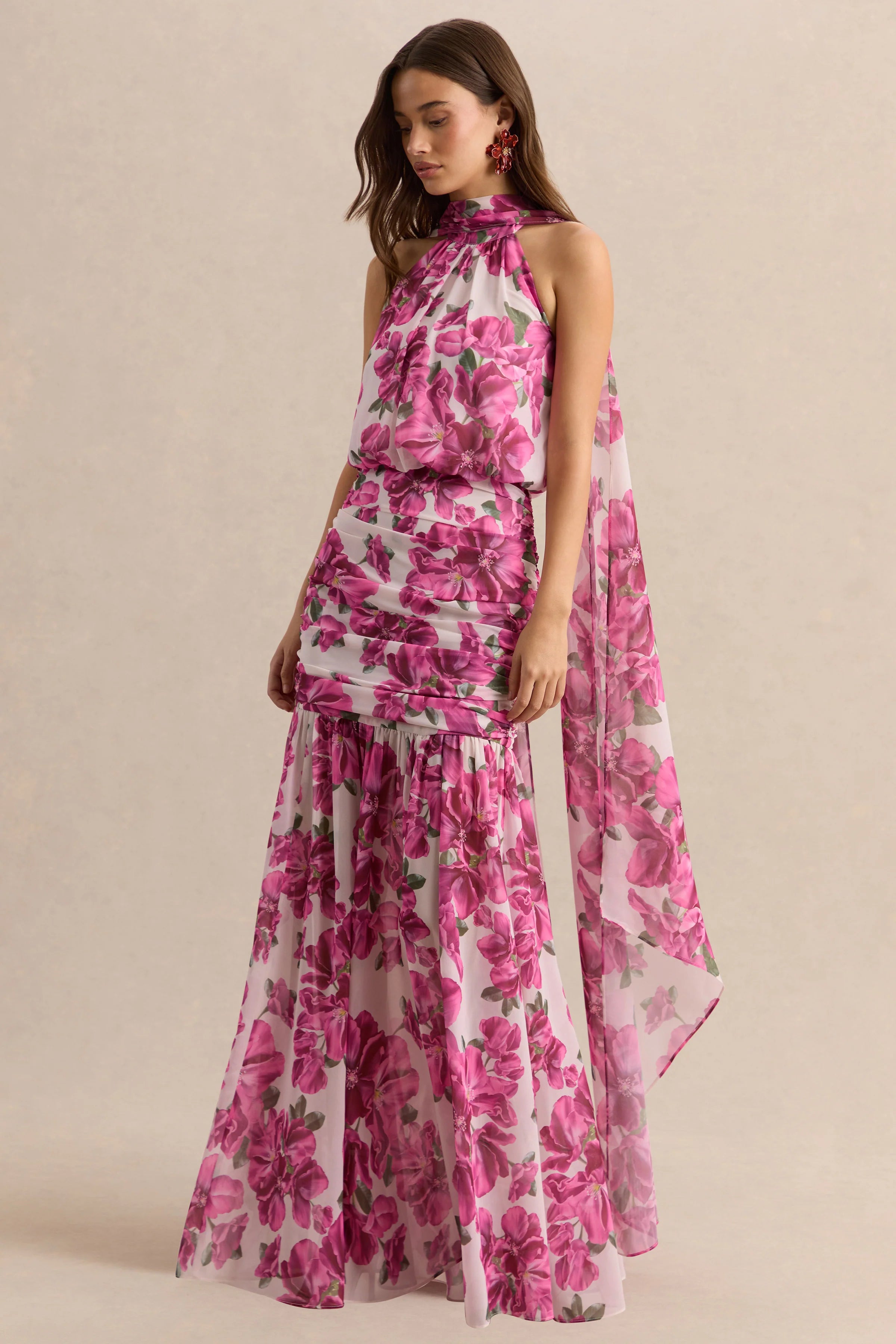 Veronique | Pink Hibiscus Floral Halter-Neck Maxi Dress