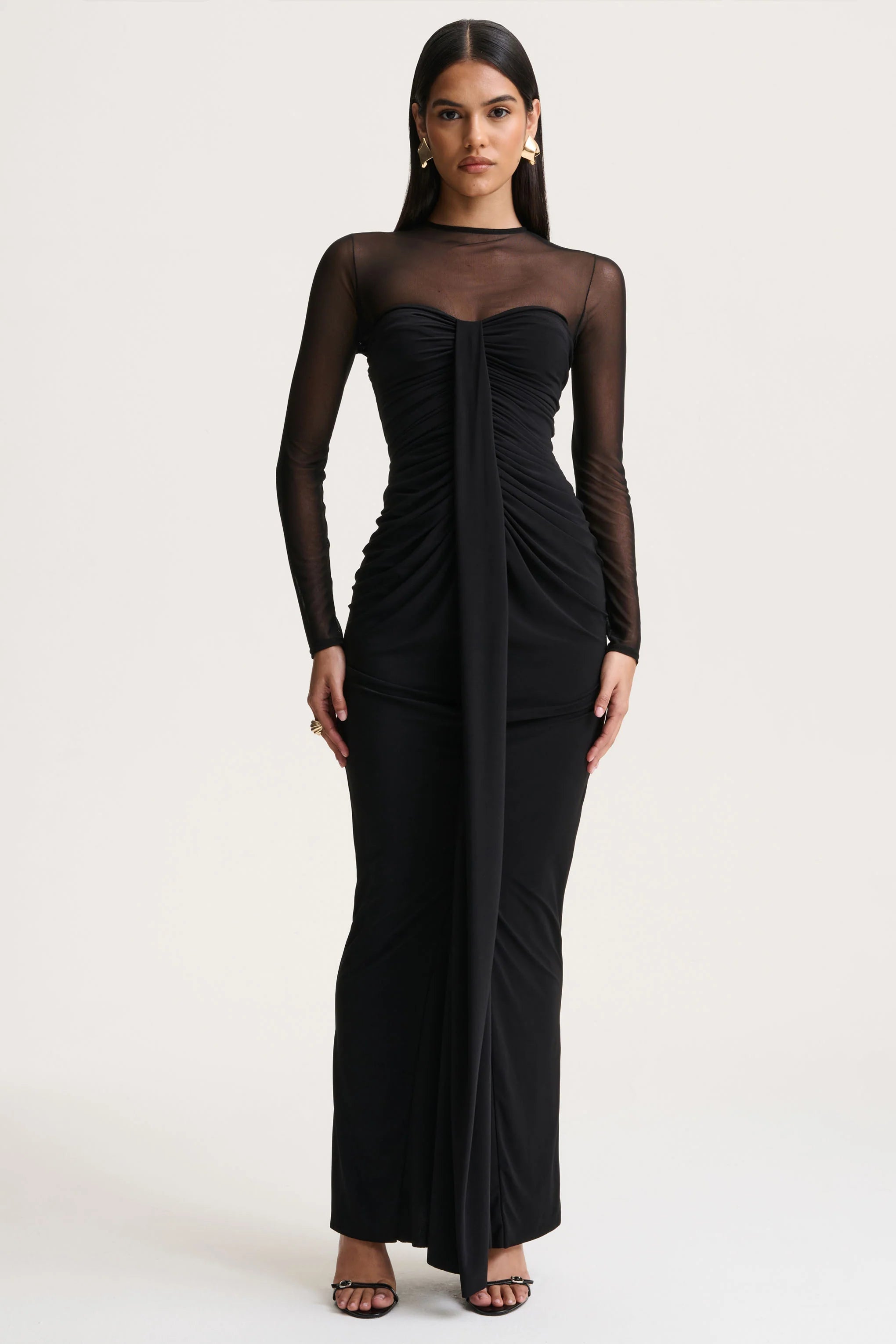 Cadenza | Black Crew-Neck Maxi Dress With Mesh And Gathered-Detailing