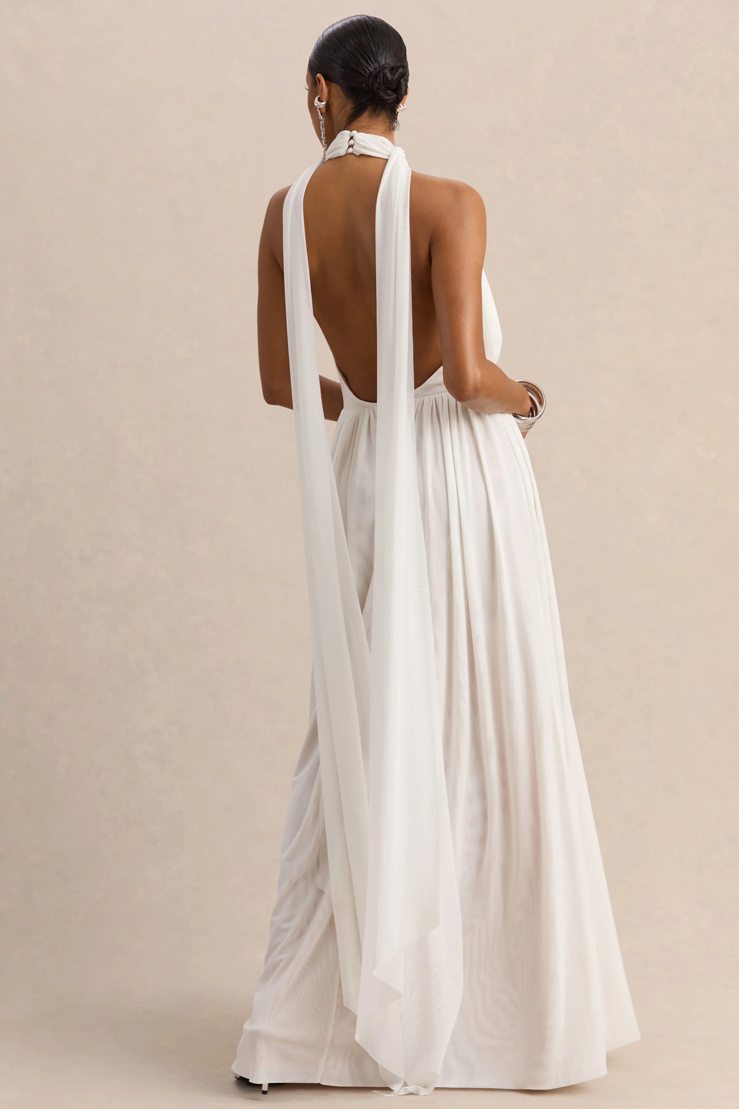 Rylina | White Mesh Halter-Neck Maxi Dress With Scarf And Open-Back