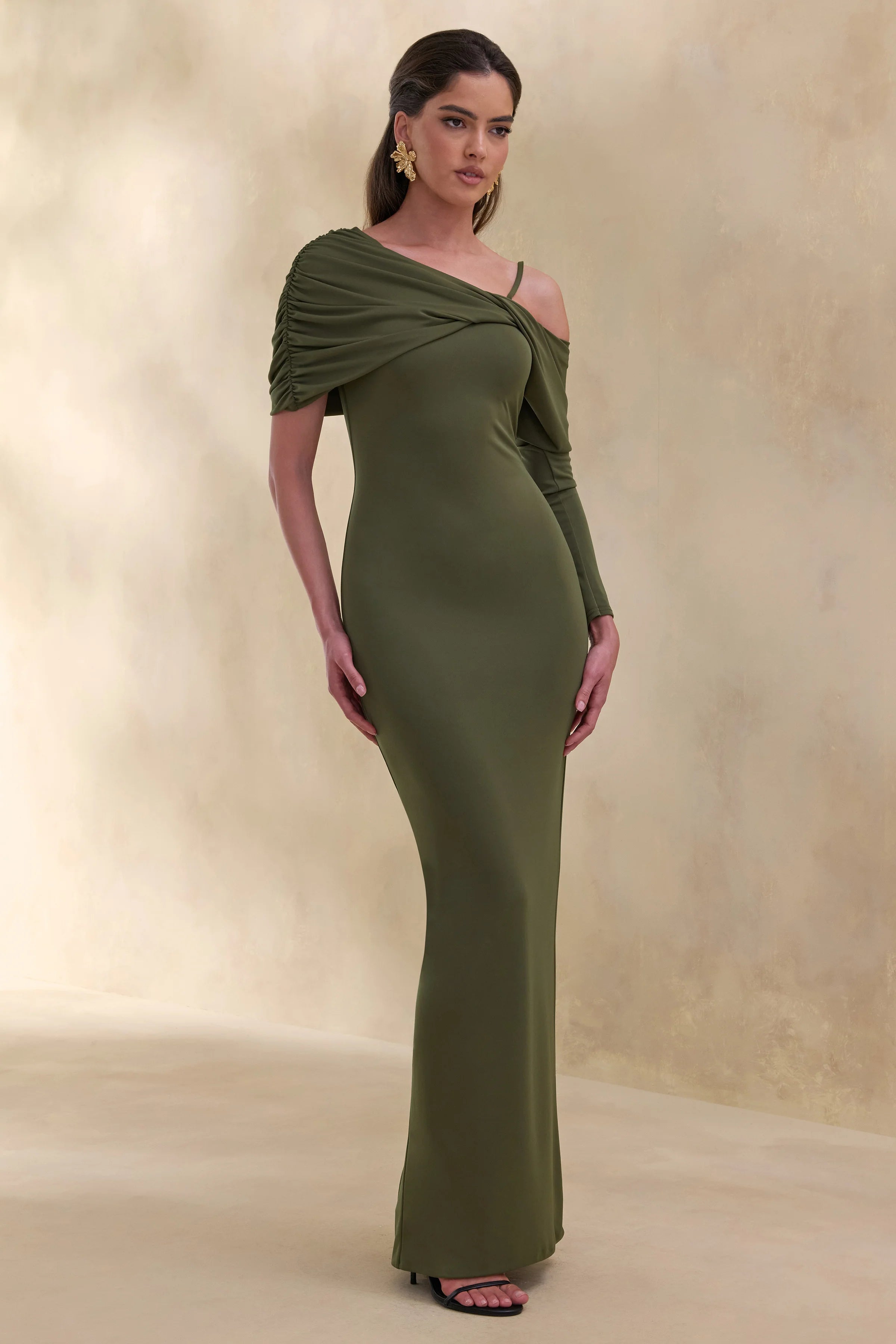 Silvaria | Olive Twisted Asymmetric-Neck Maxi Dress