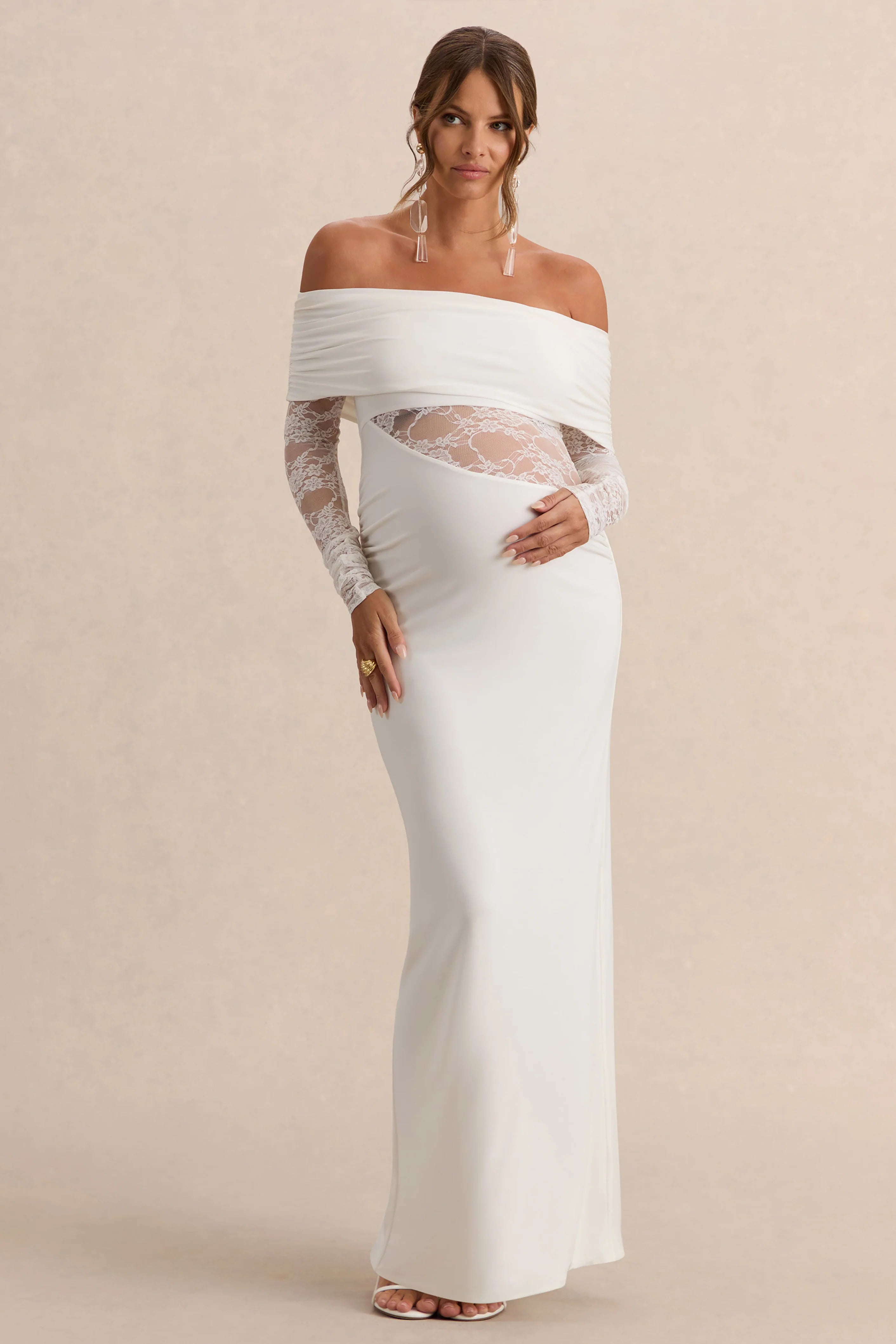 Artemisia | White Bardot-Neck Maternity Maxi Dress With Lace Detailing