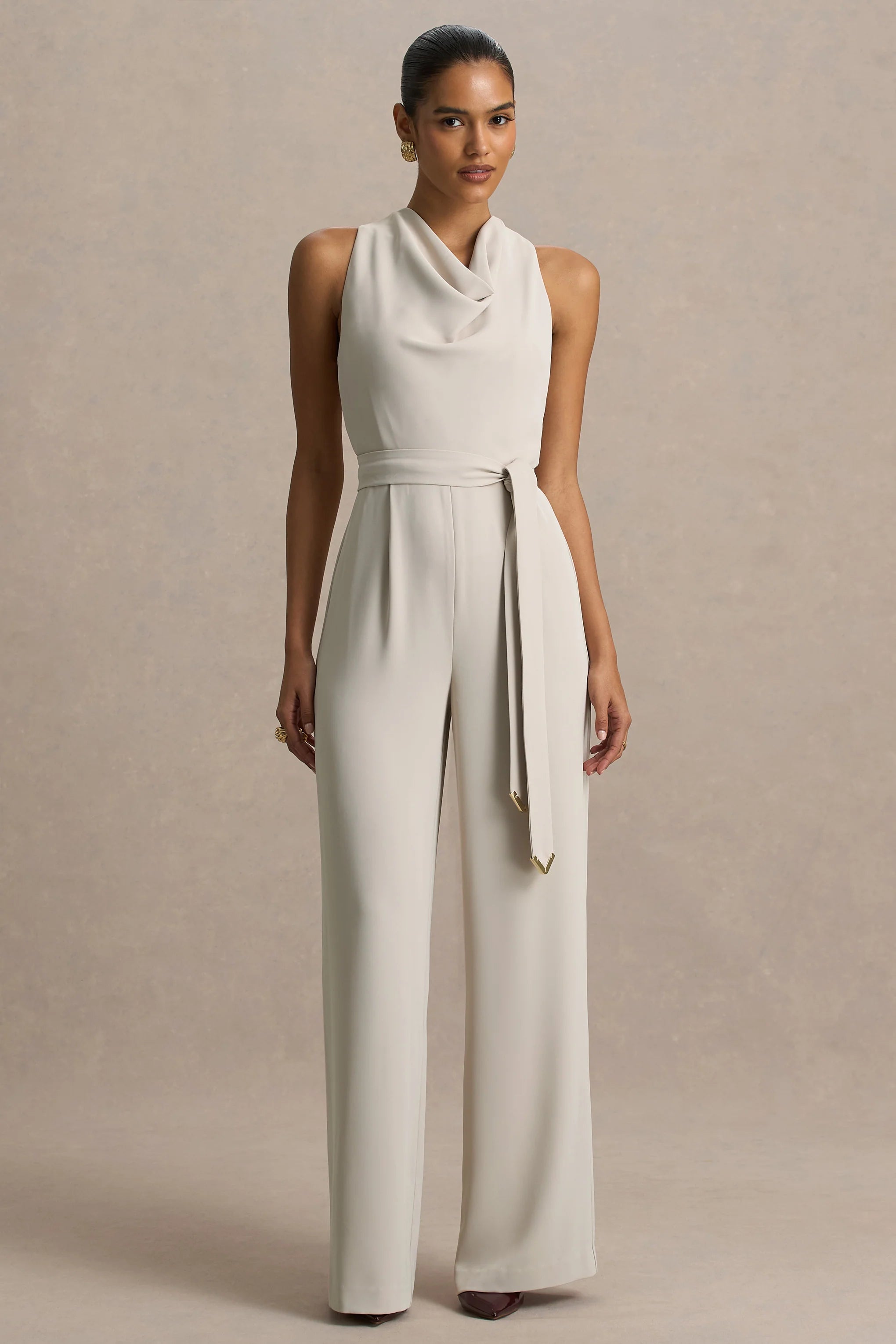 Corina | Nude Cowl-Neck Jumpsuit With Tie-Detail