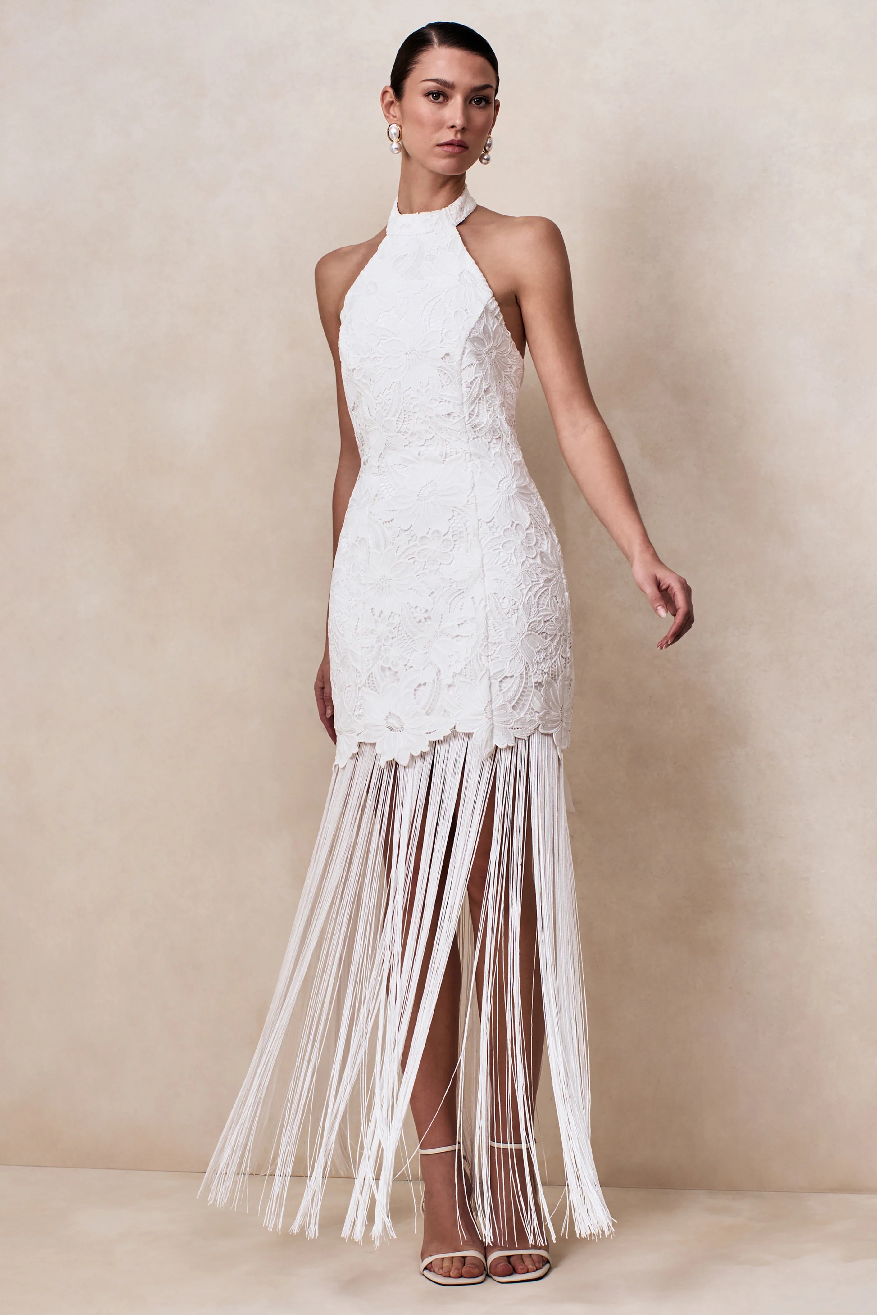 Skylar | White Lace Halter-Neck Maxi Dress With Open-Back And Bow Detail