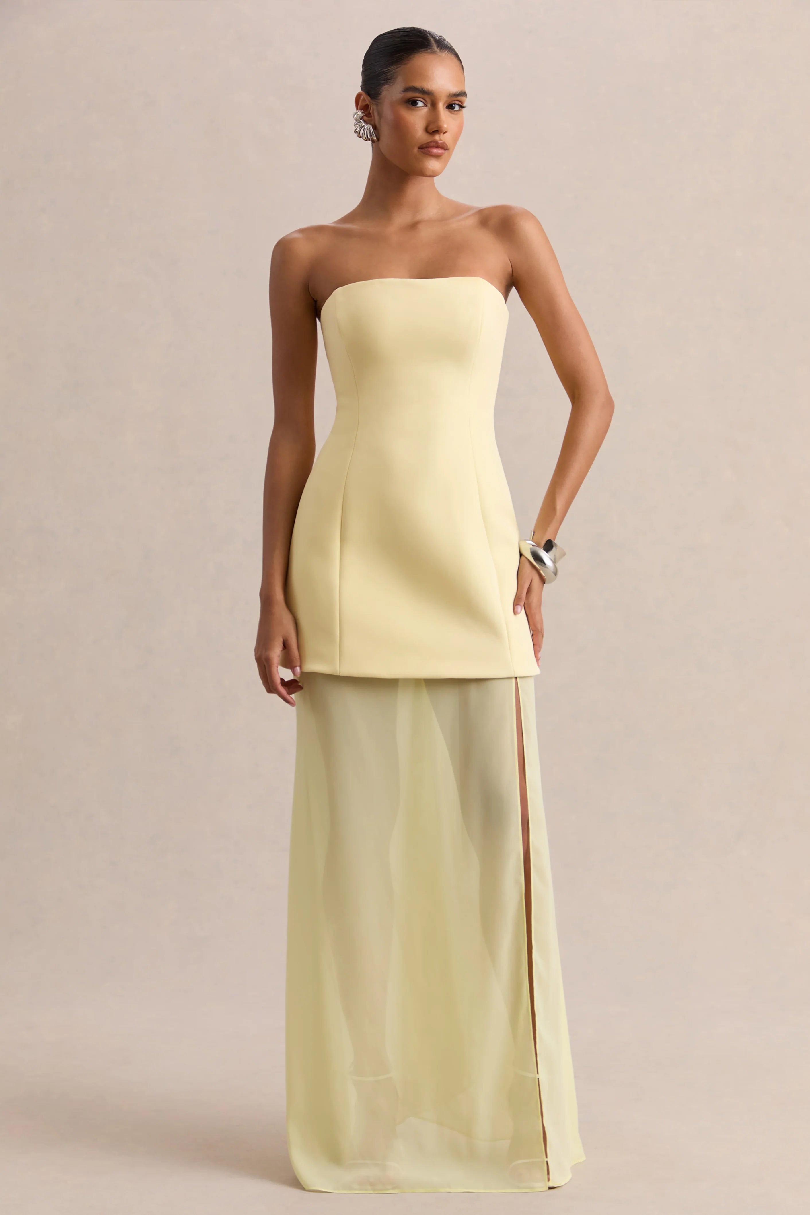 Chessa | Lemon Boat-Neck Maxi Dress With Sheer Cape