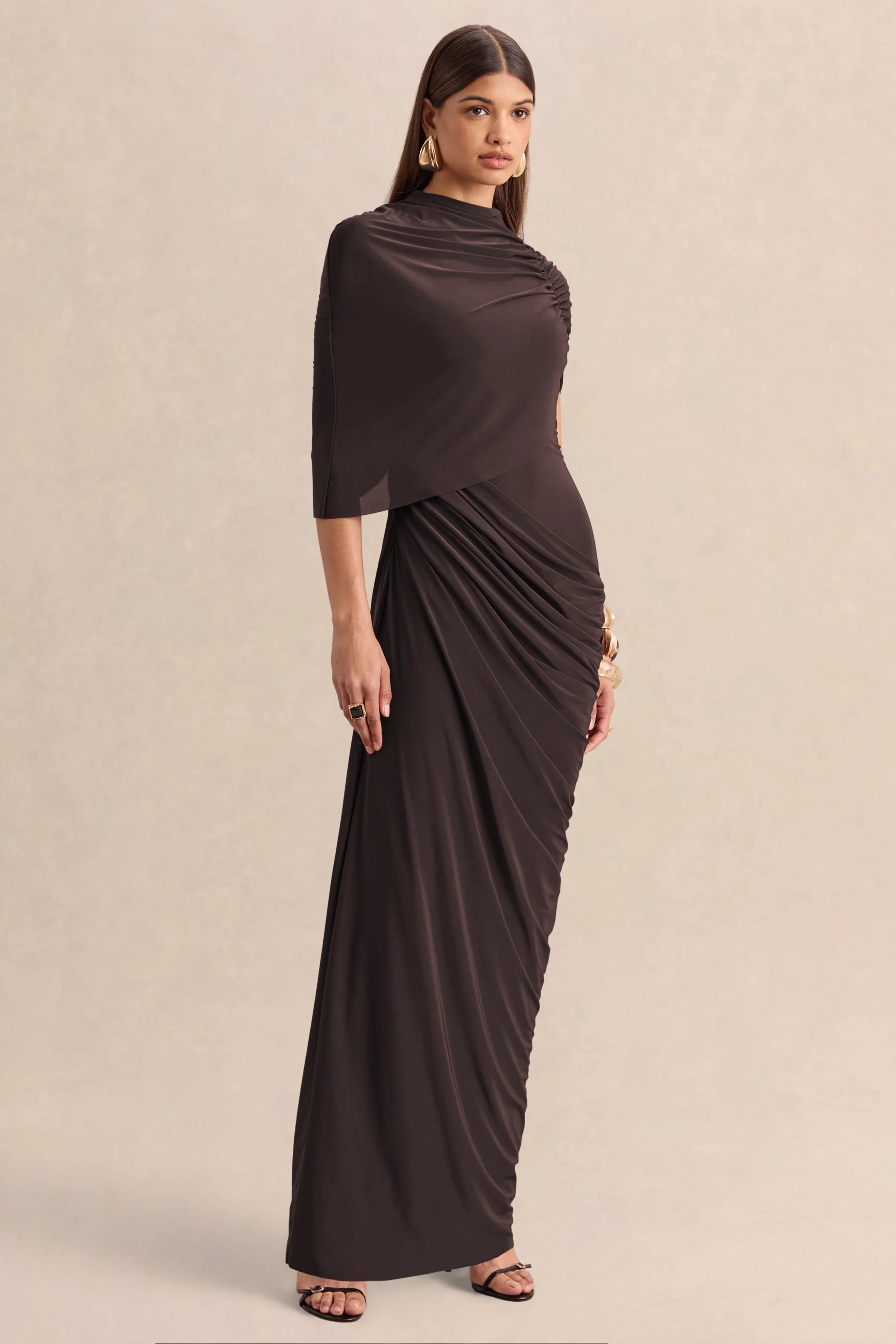 Lunaline | Brown High-Neck Maxi Dress With Asymmetric Cape And Draped-Detailing