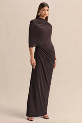 Lunaline | Brown High-Neck Maxi Dress With Asymmetric Cape And Draped-Detailing