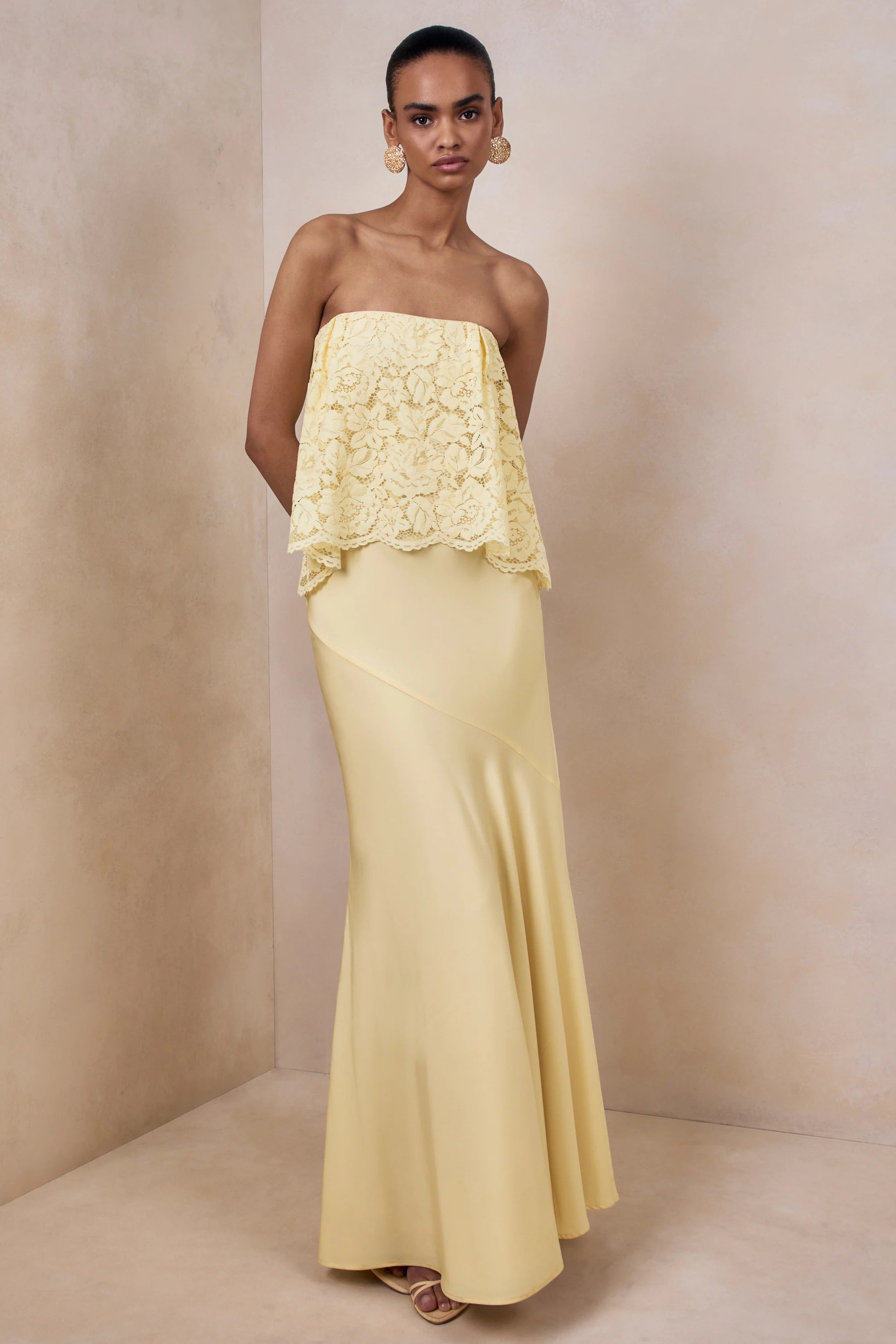 Clemency | Lemon Lace And Matte Satin Bandeau Maxi Dress
