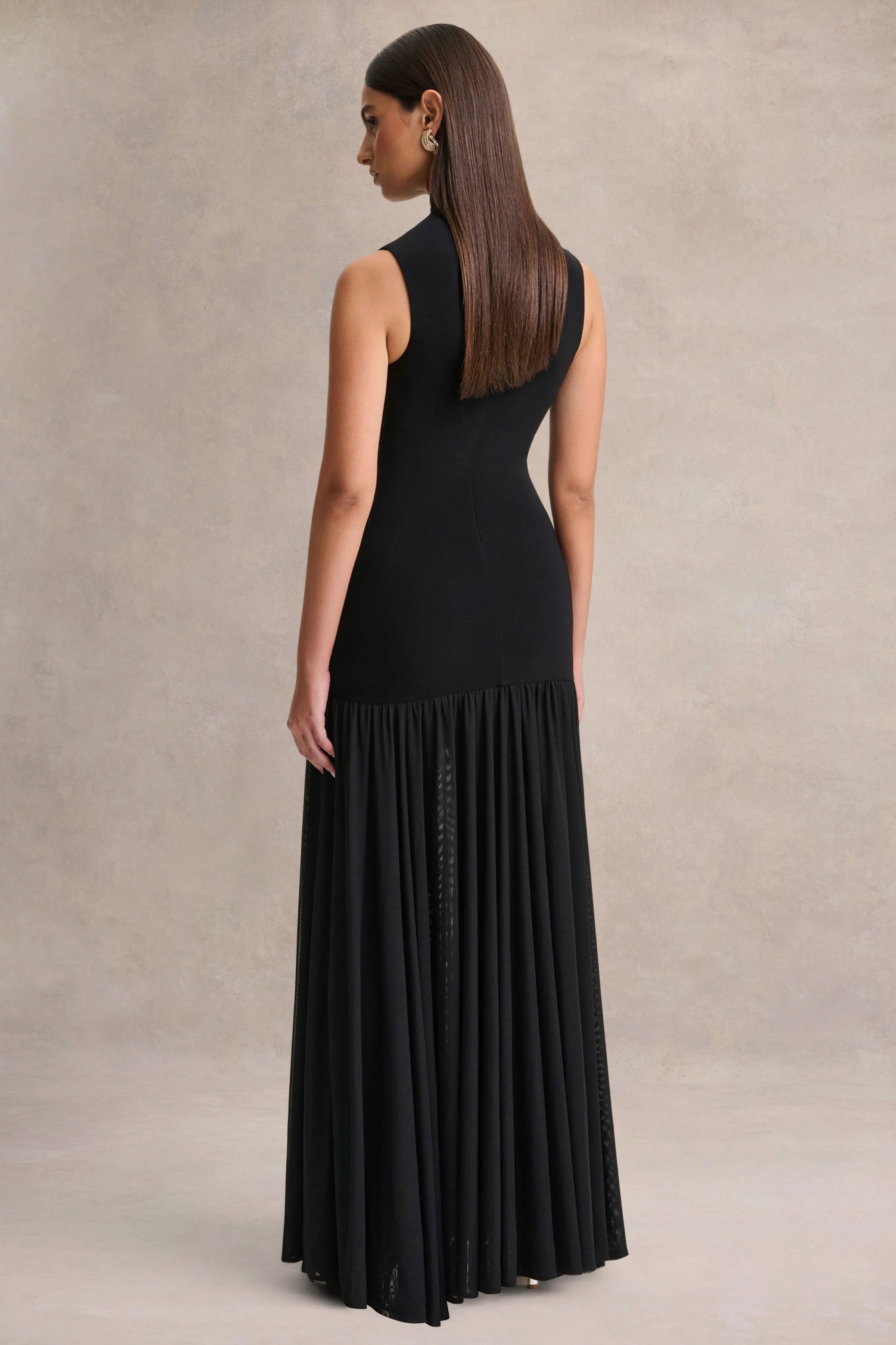Gigi | Black High-Neck Maxi Dress With Drop-Waist And Sheer Skirt