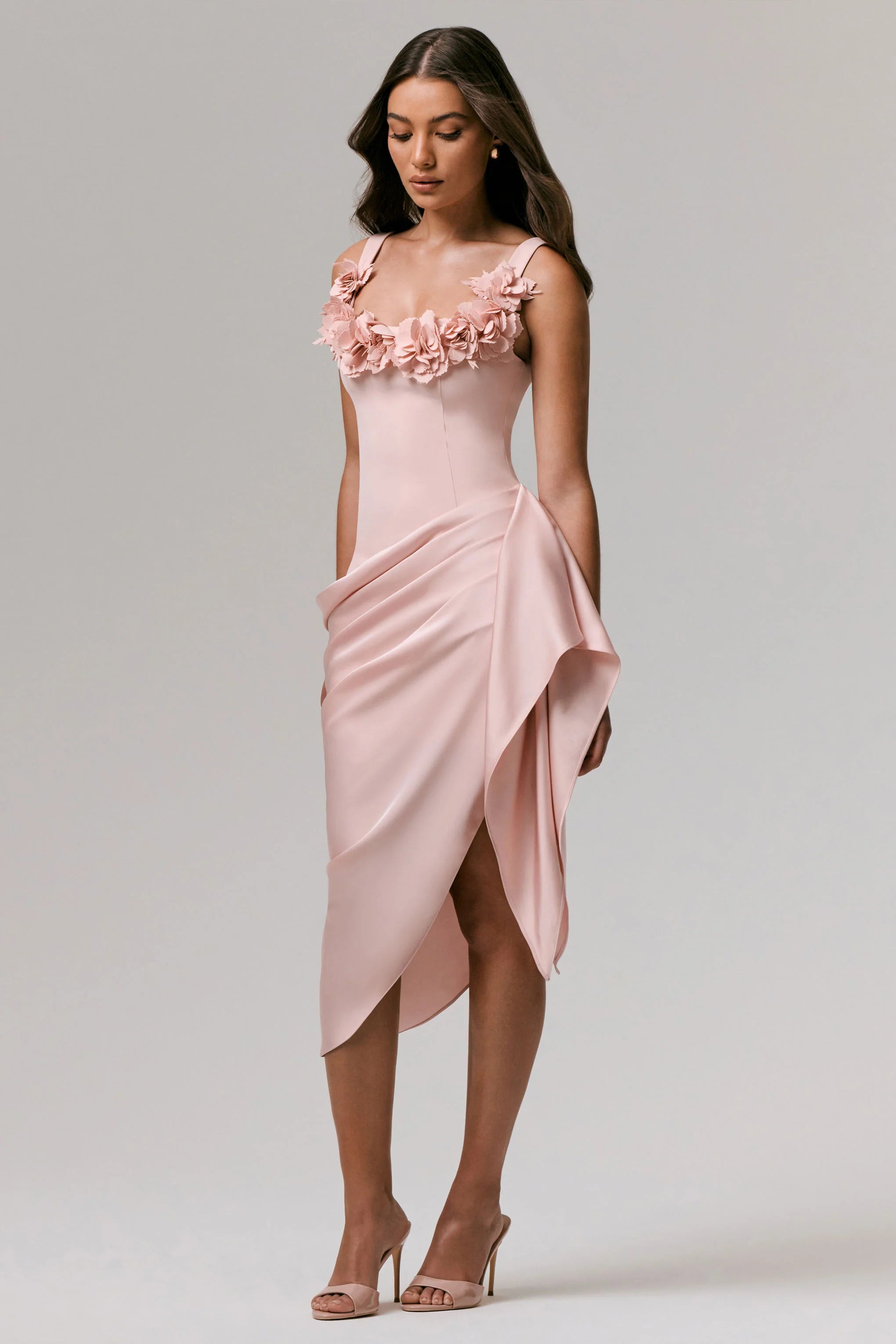 Letitia | Pale Pink Square-Neck Floral Detailed Wrap Midi Dress