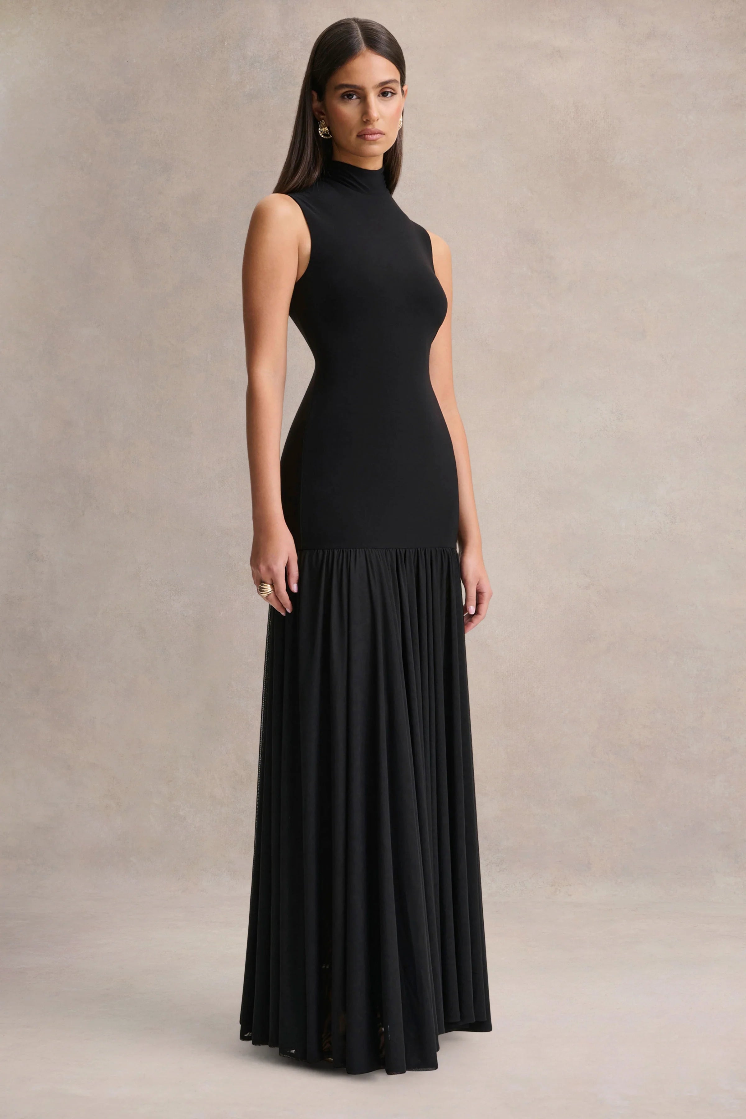 Gigi | Black High-Neck Maxi Dress With Drop-Waist And Sheer Skirt