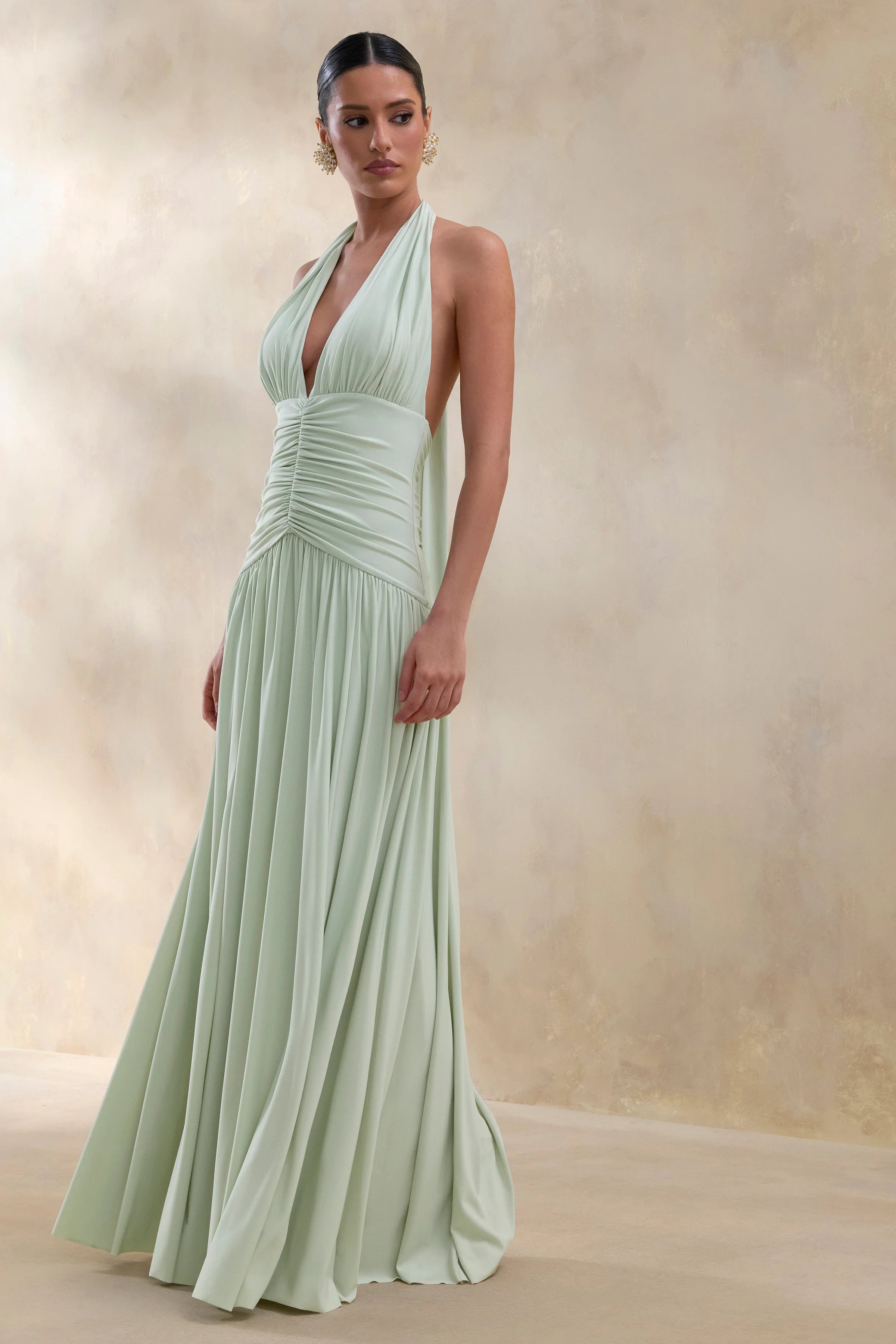 Bettina | Sage Plunge-Neck Maxi Dress With Gathered-Detailing