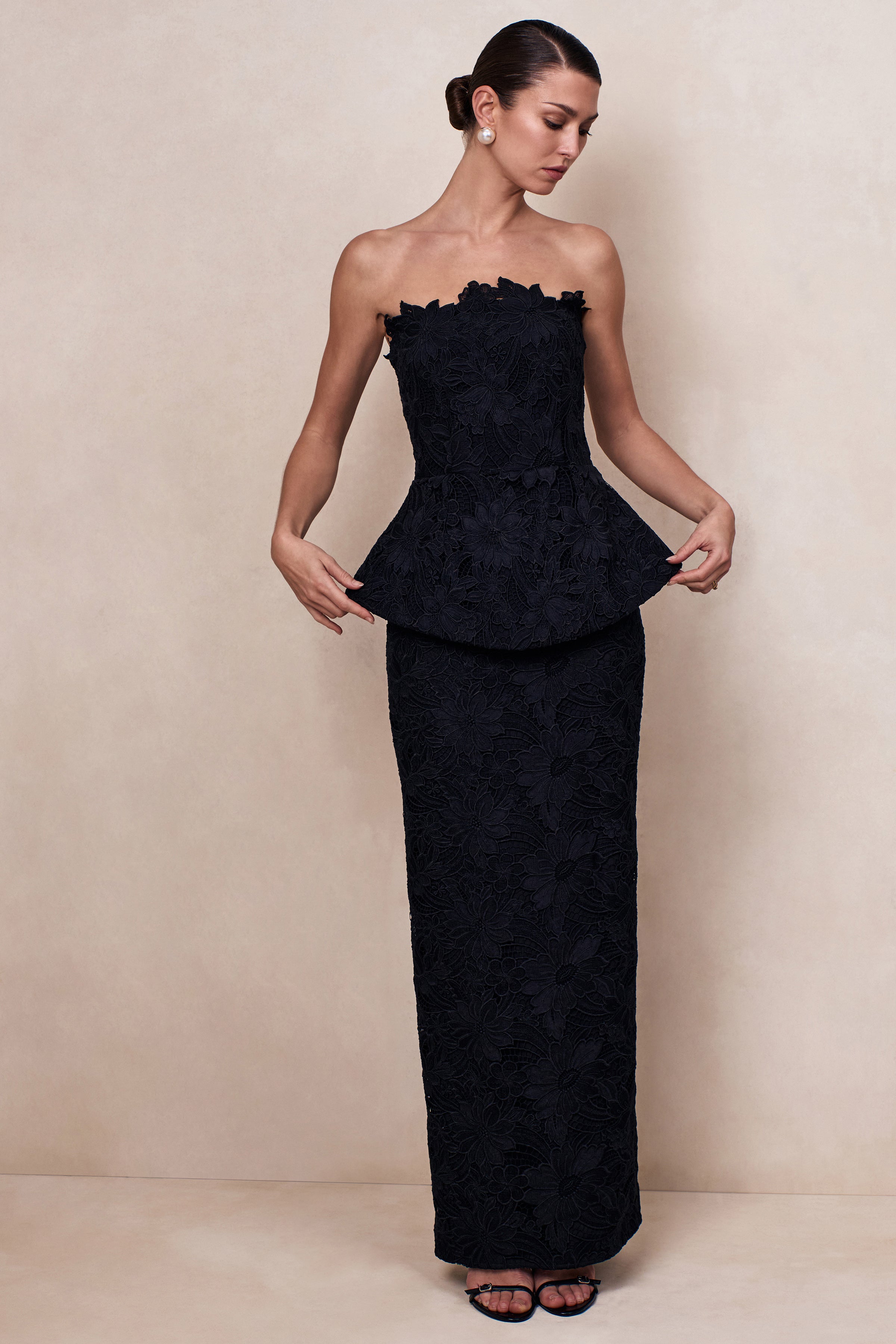 Delvine | Black Lace Bandeau Corset Maxi Dress