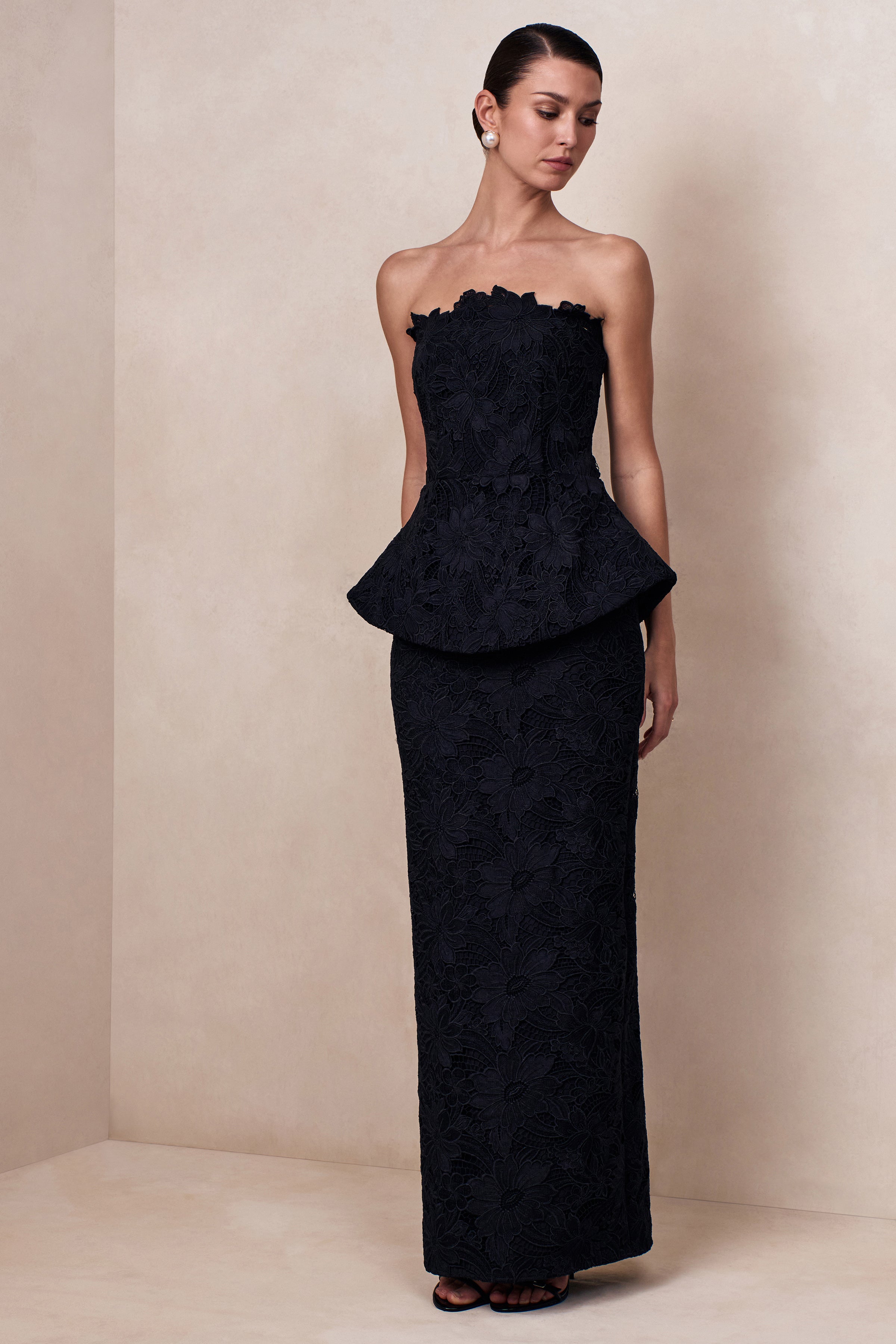 Delvine | Black Lace Bandeau Corset Maxi Dress