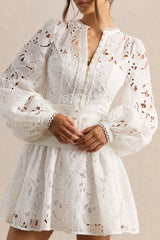 Helena | White Crew-Neck Mini Dress With Puff-Sleeves and Pleated Skirt