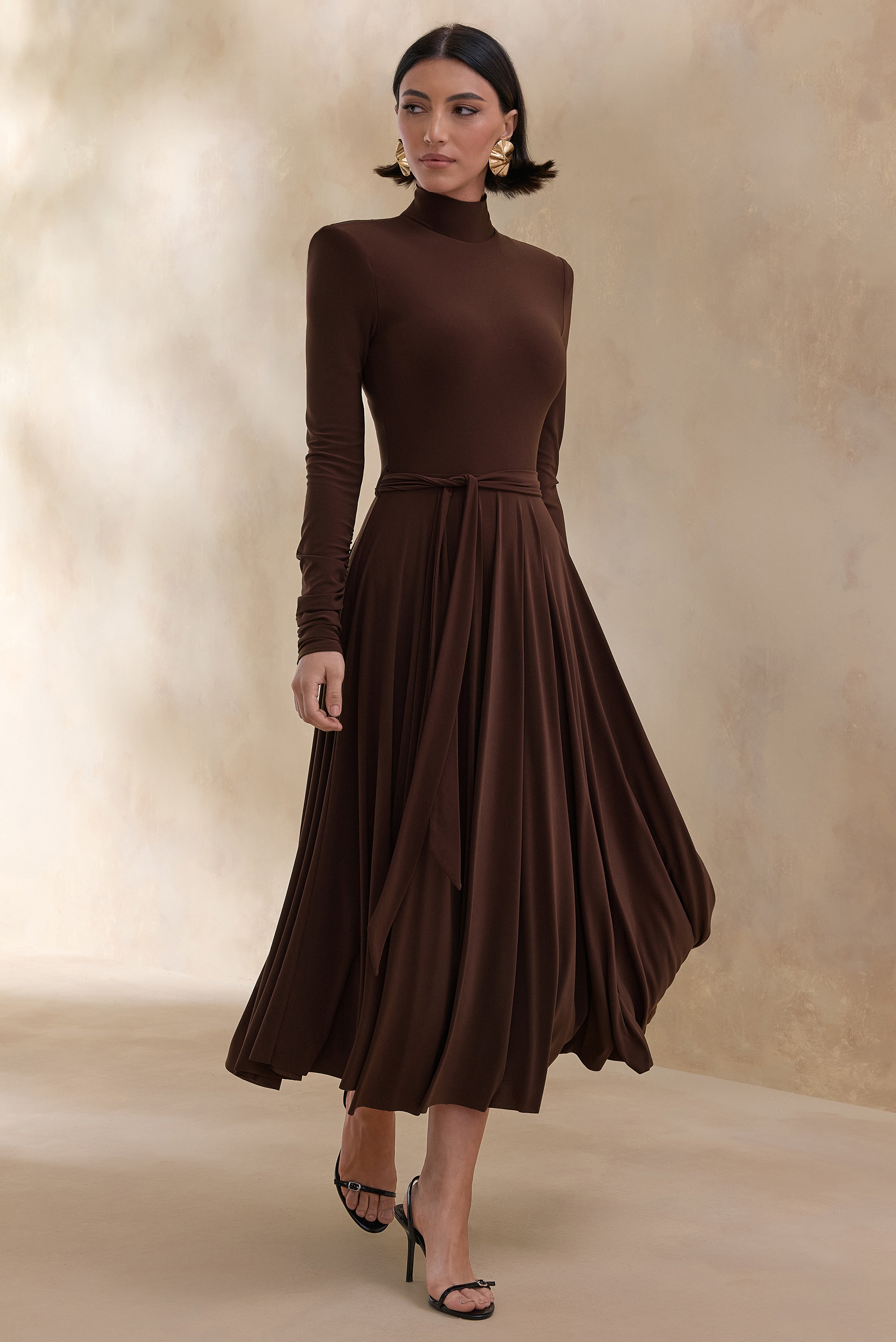 Opalia | Brown High-Neck Belted Midi Dress