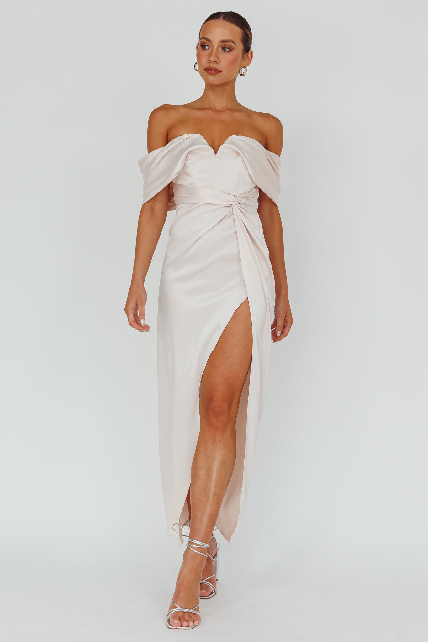 Amaryllis Off-Shoulder Twist Maxi Dress Pearl
