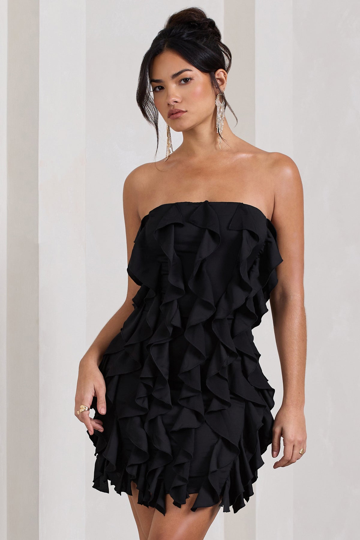 It Girl | Black Bandeau Bodycon Mini Dress With Ruffles