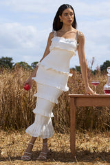 Lauren | White Broderie Strappy Ruffled Maxi Dress