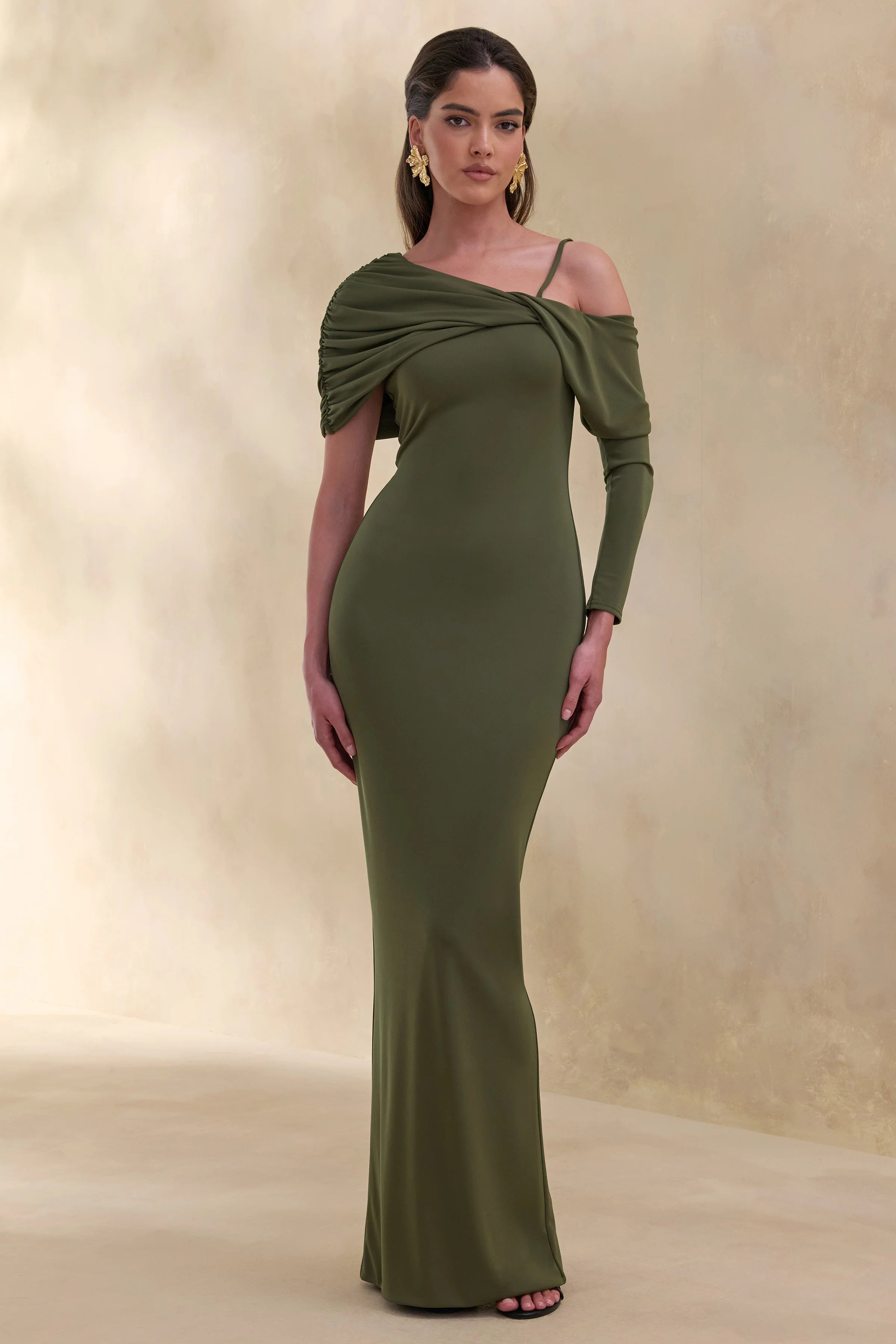 Silvaria | Olive Twisted Asymmetric-Neck Maxi Dress