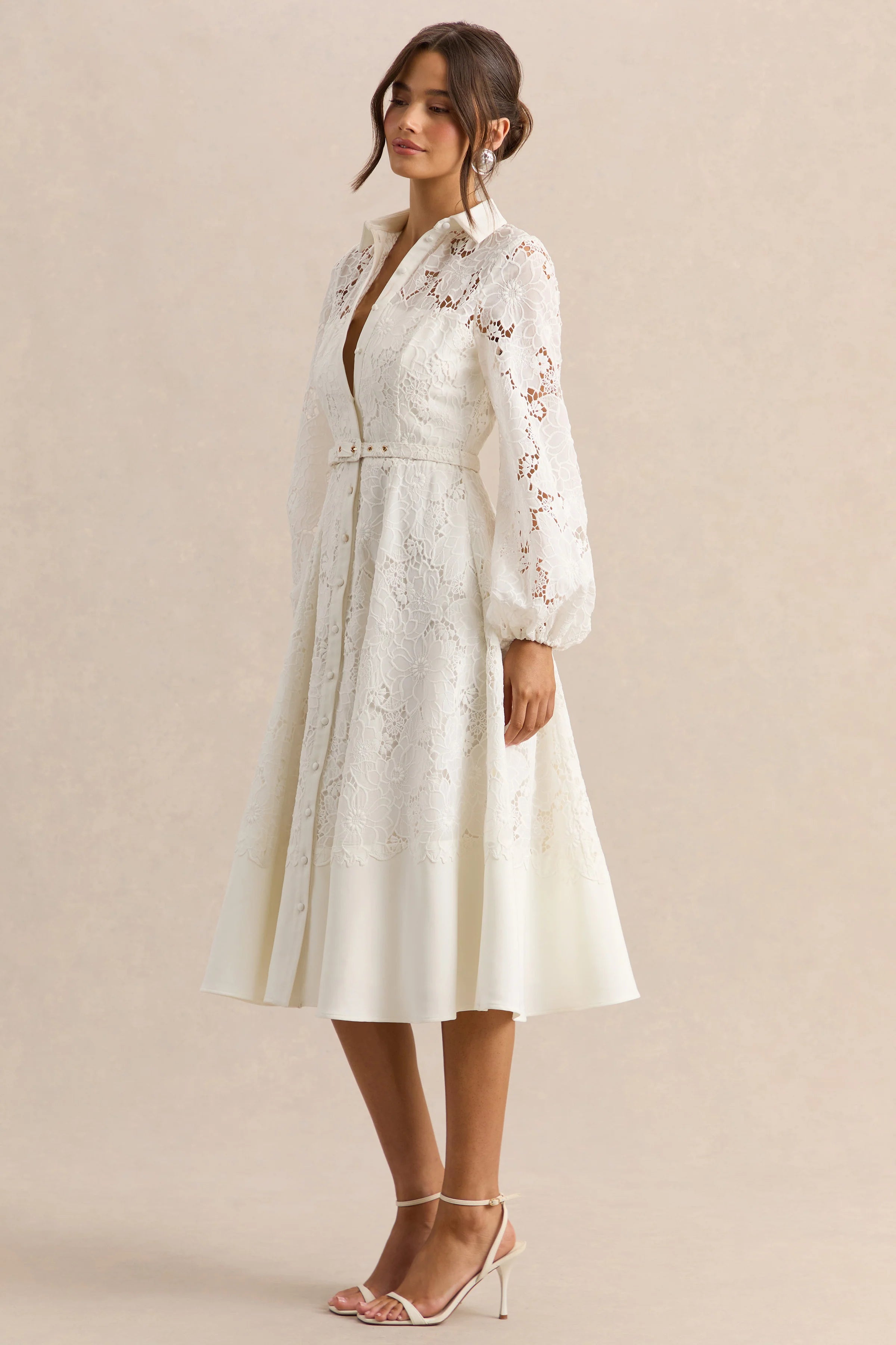Jules | Cream Broderie High-Neck Tailored Midi Dress With Puff-Sleeves