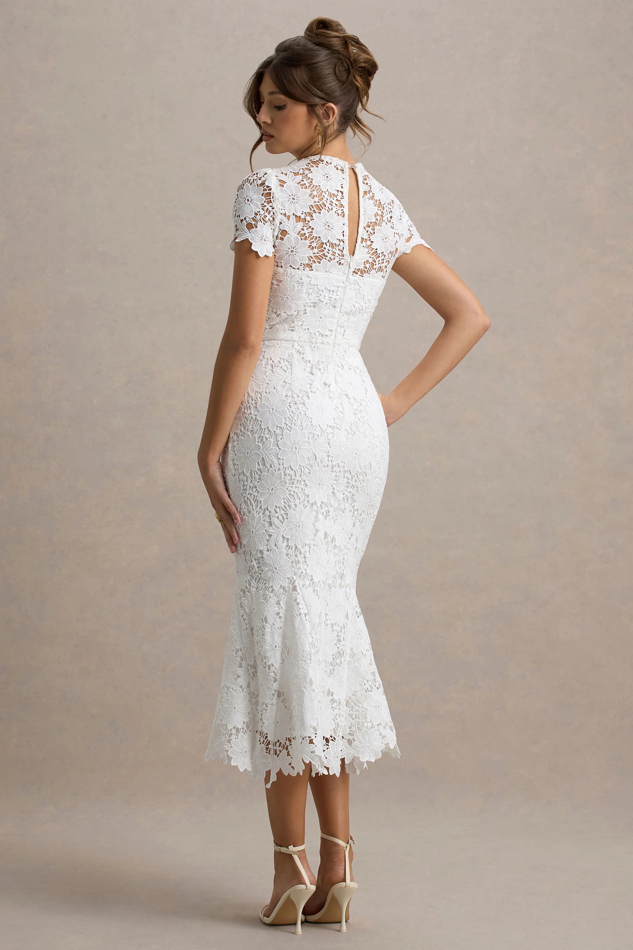 Clarissa | White Lace Short-Sleeve Midi Dress