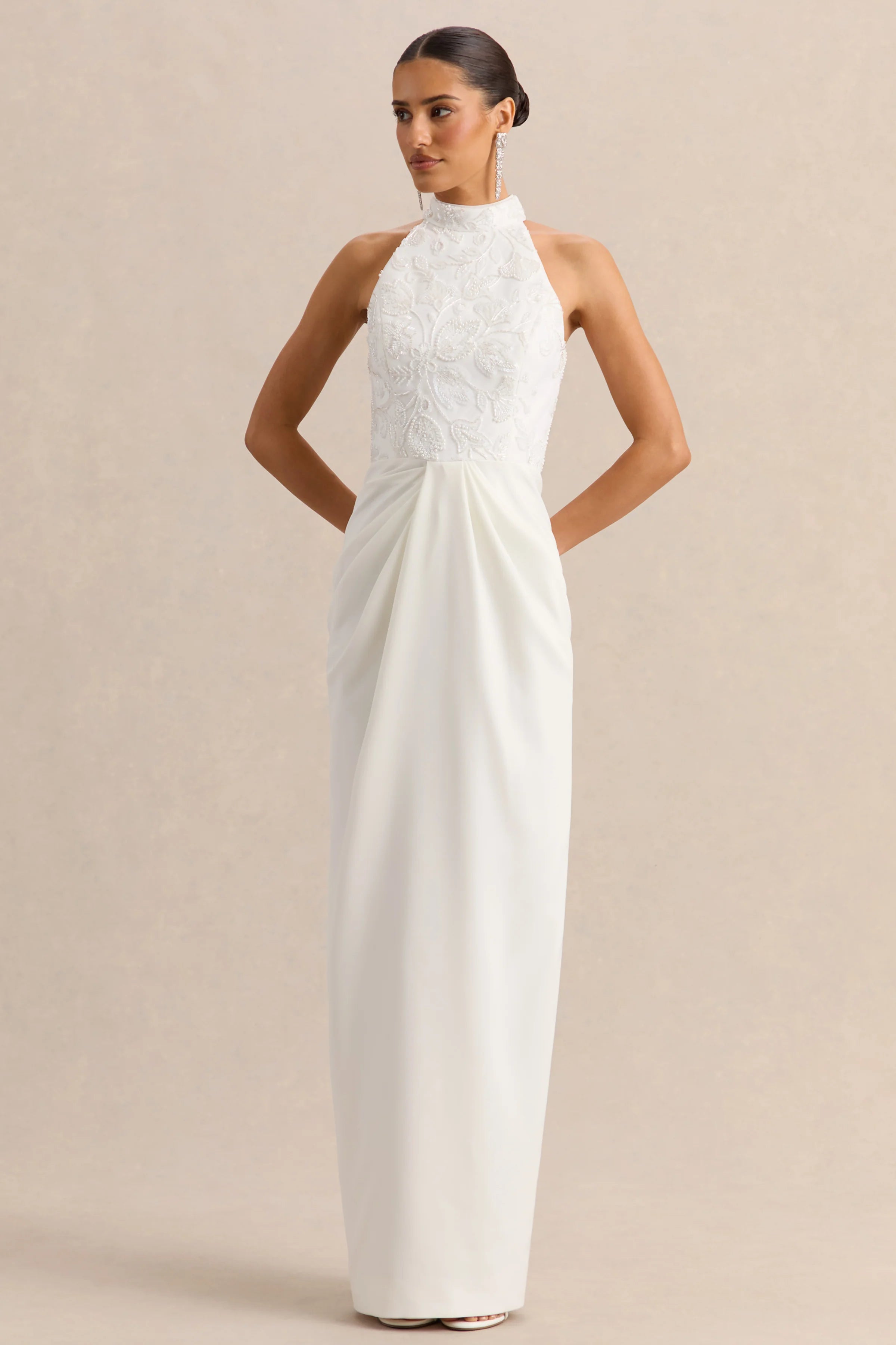 Charlotte | White Halter-Neck Maxi Dress With Gathered-Detailing