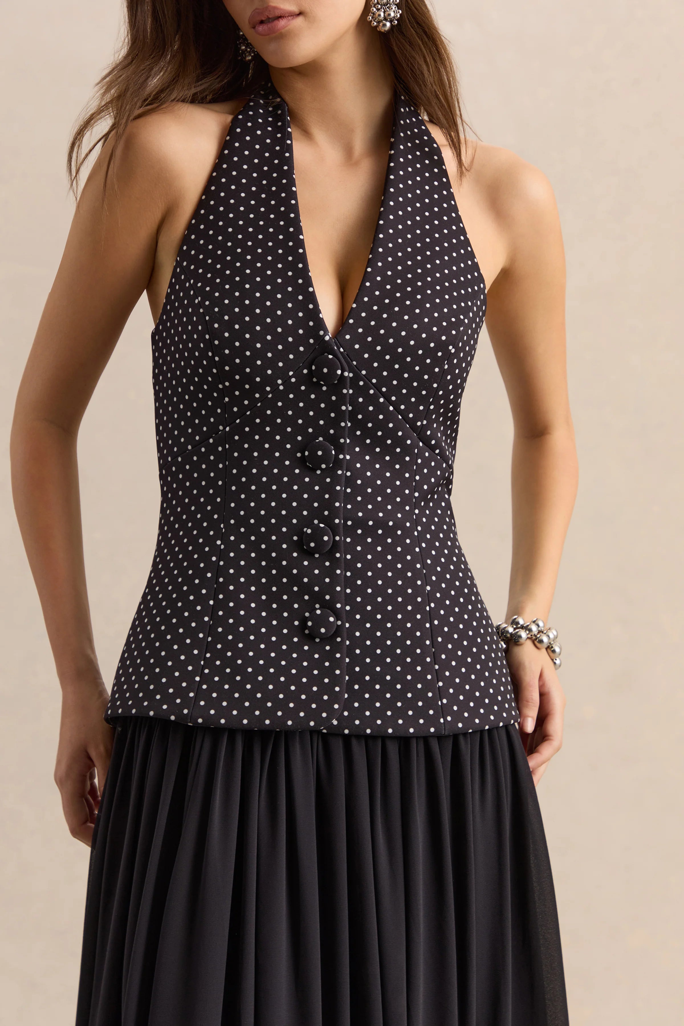 Zarina | Black & White Polka-Dot Plunge-Neck Maxi Dress