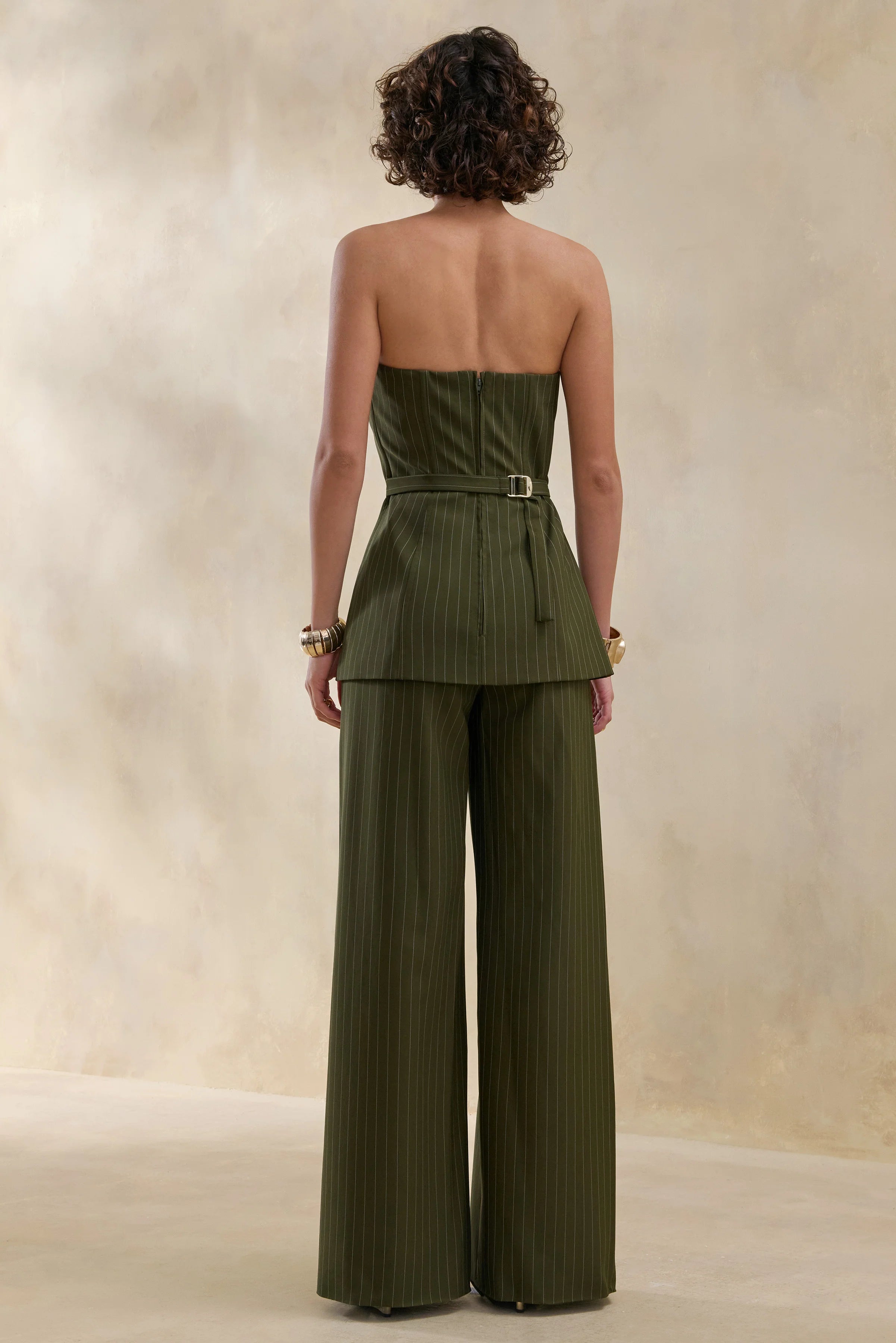 Hesper | Olive Pinstripe Wide-Leg Tailored Trouser