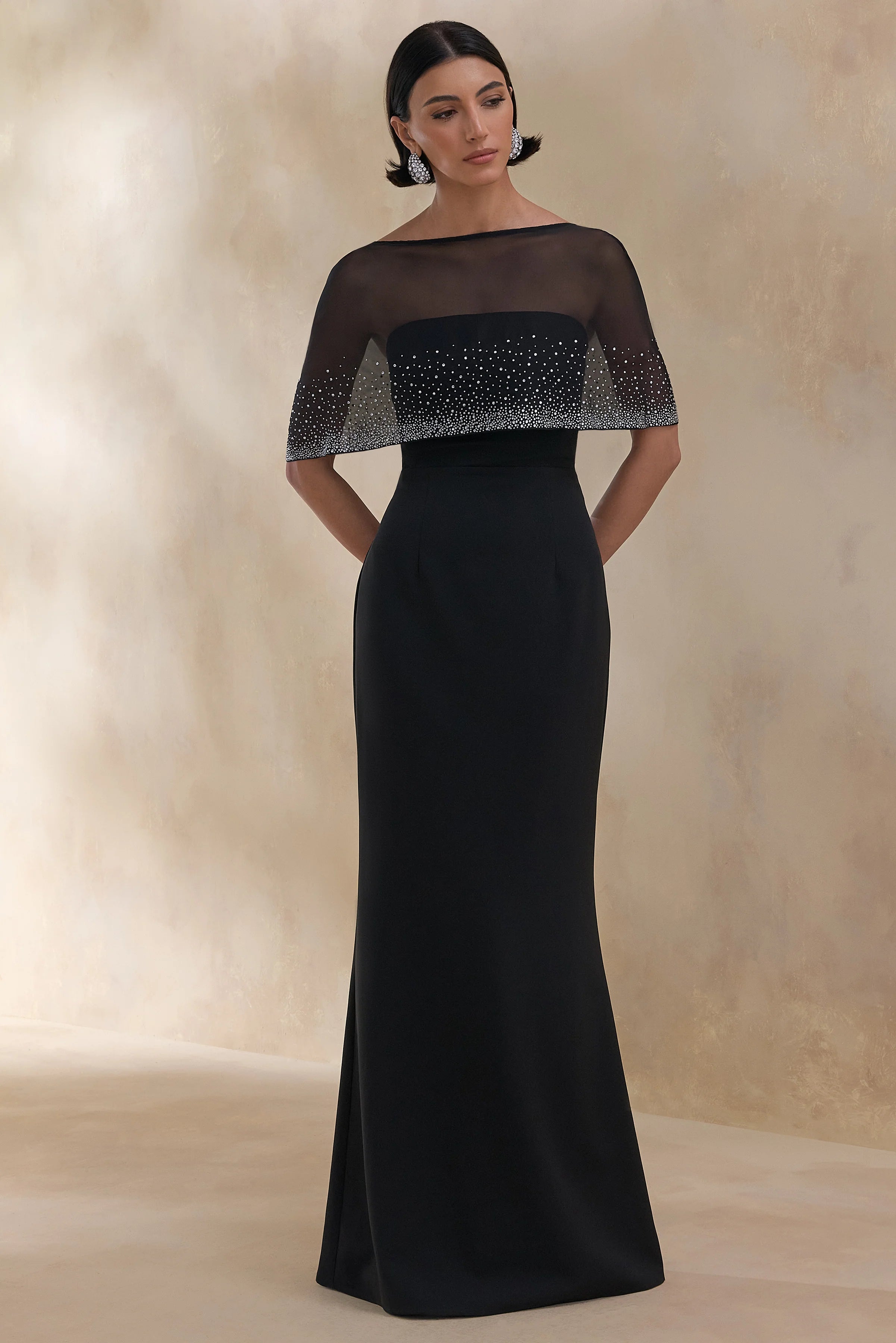 Everly | Black Hand-Embellished Cape-Sleeve Maxi Dress