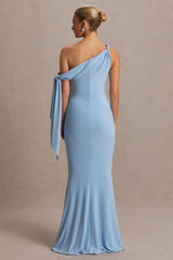 Orielle | Powder Blue Asymmetric-Neck Maternity Maxi Dress With Knot-Sleeve And Sash