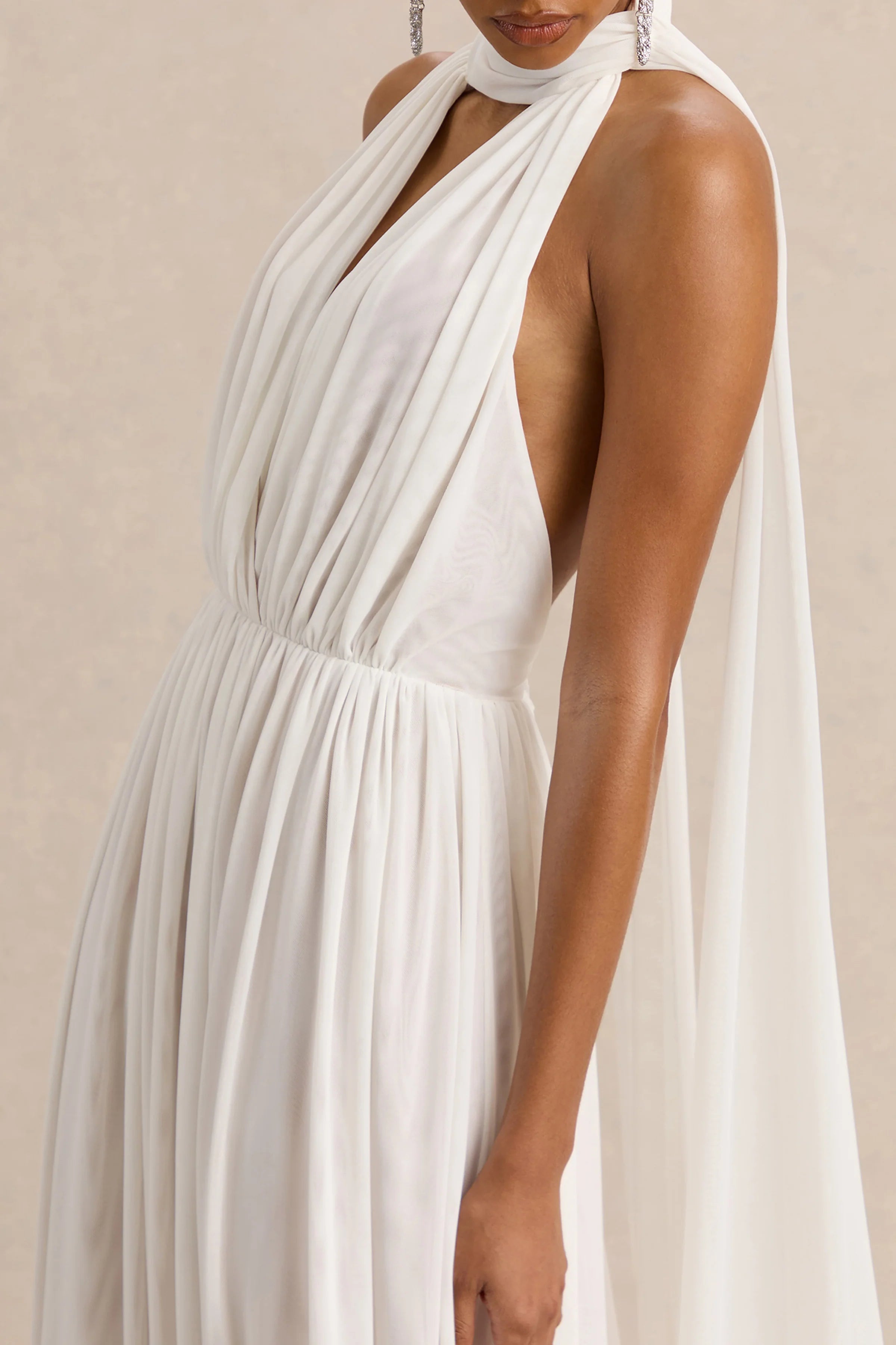Rylina | White Mesh Halter-Neck Maxi Dress With Scarf And Open-Back