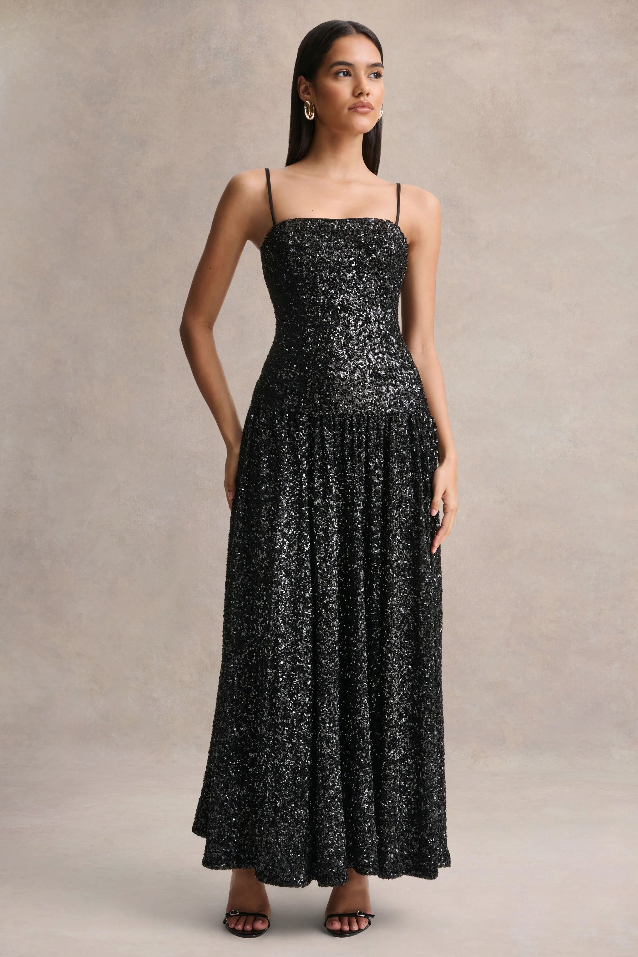 Allora | Black Sequin Square-Neck Maxi Dress With Pleated Skirt
