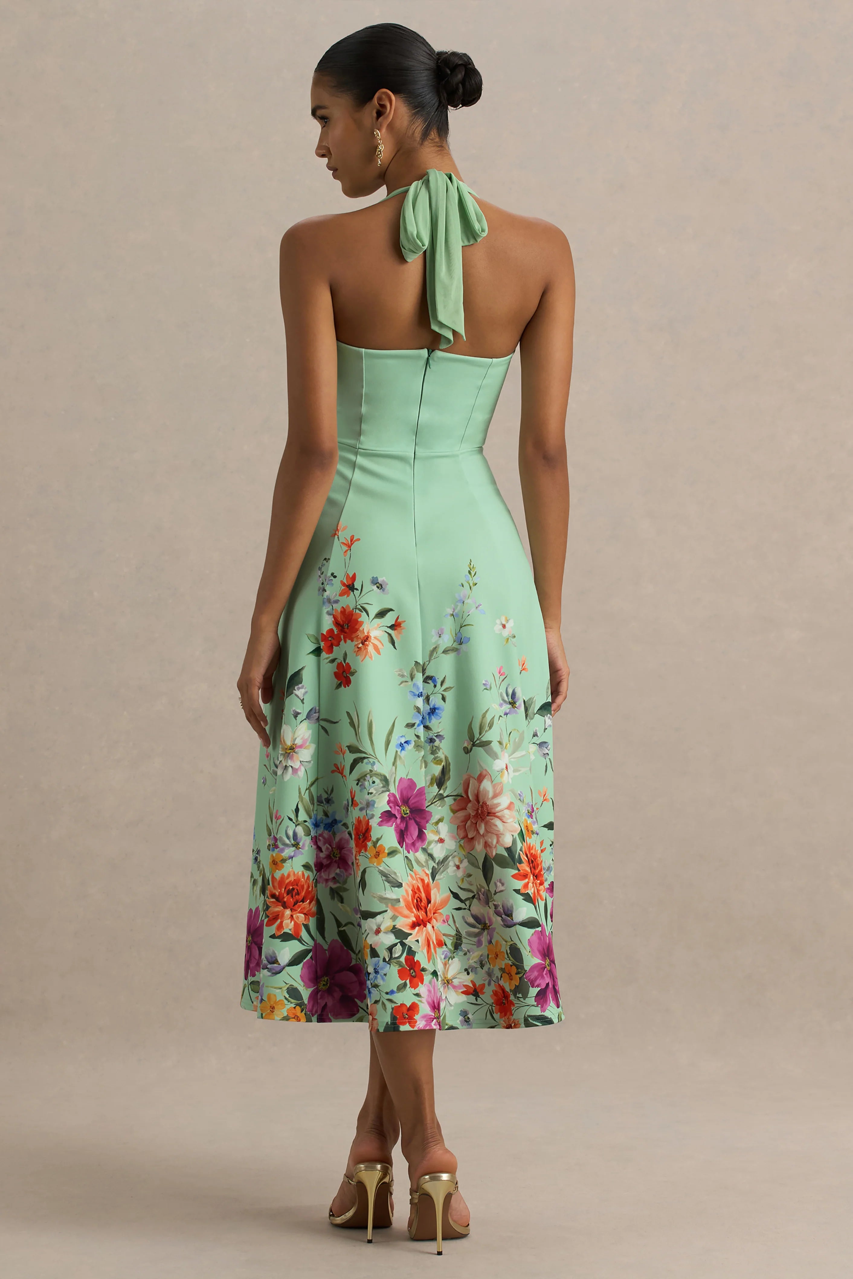 Auburn | Mint Placement Floral Halter-Neck Midi Dress