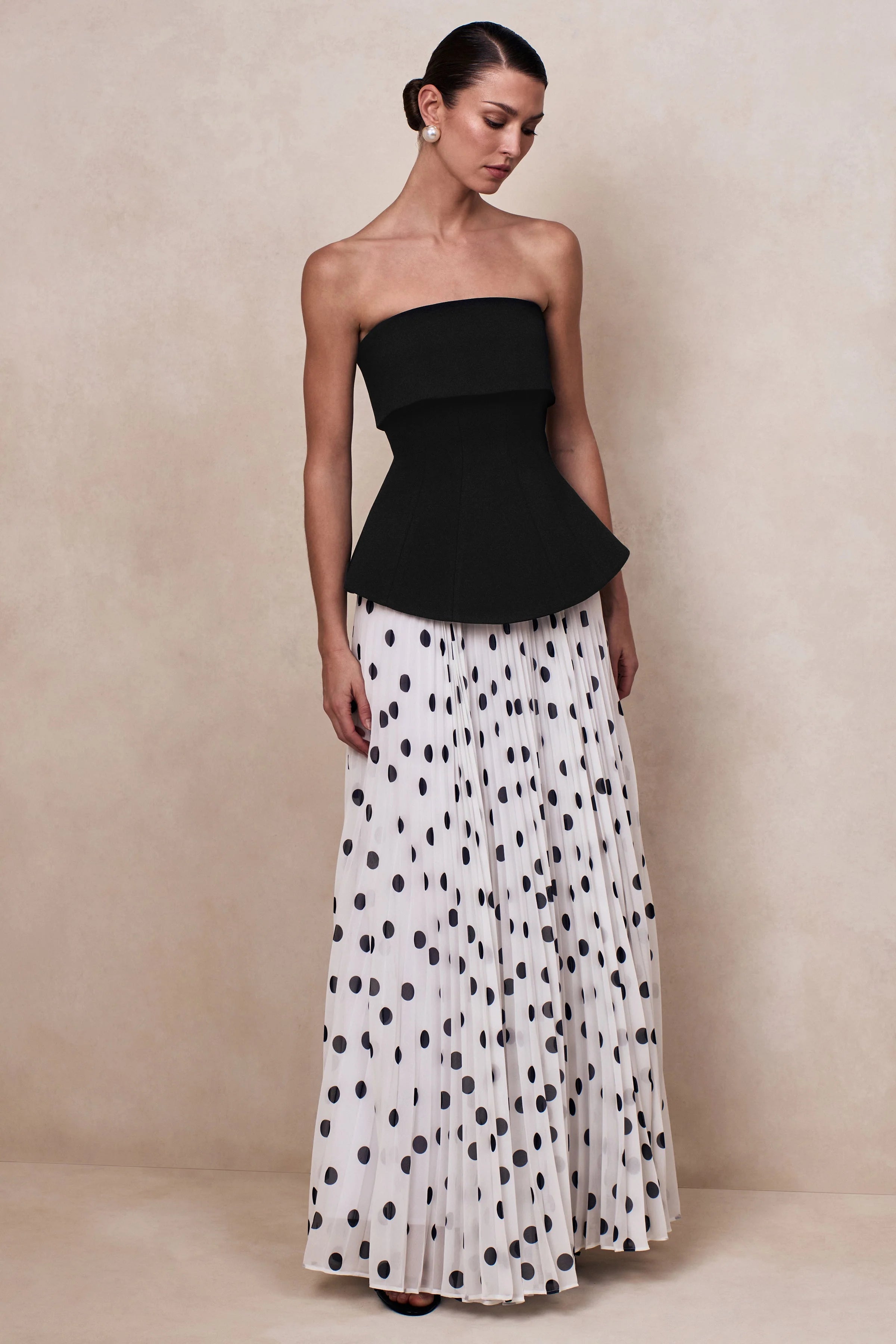 Stellara | Black & White Polka Dot Bandeau Corset Maxi Dress With Sheer Skirt