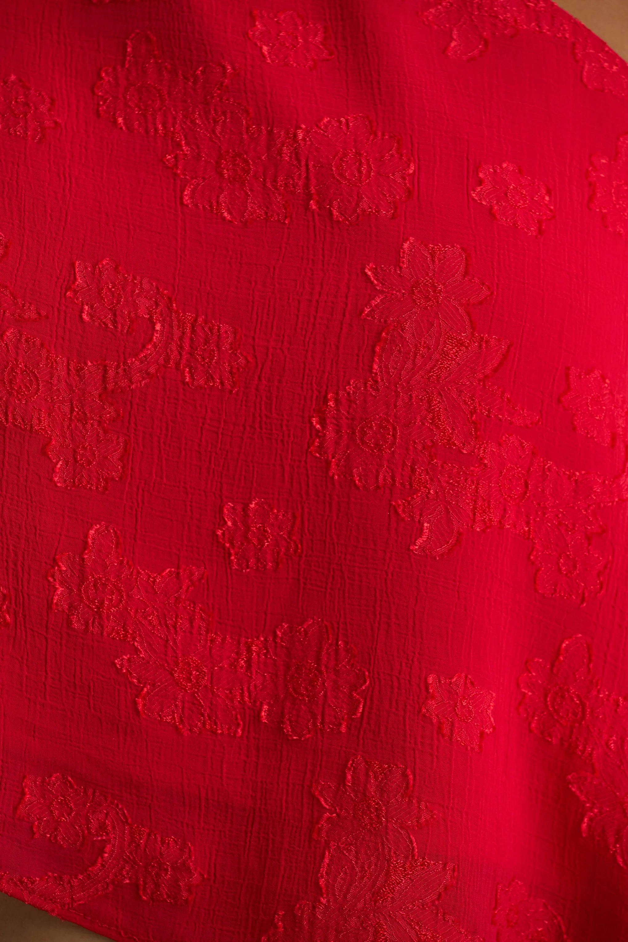 Aruba | Red Satin Devore Asymmetric Long-Sleeve Crop Top