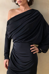 Dalissa | Black Asymmetric-Neck Midi Dress With Draped-Detailing