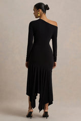 Isola | Black Asymmetric-Neck Midi Dress With Hanky-Hem