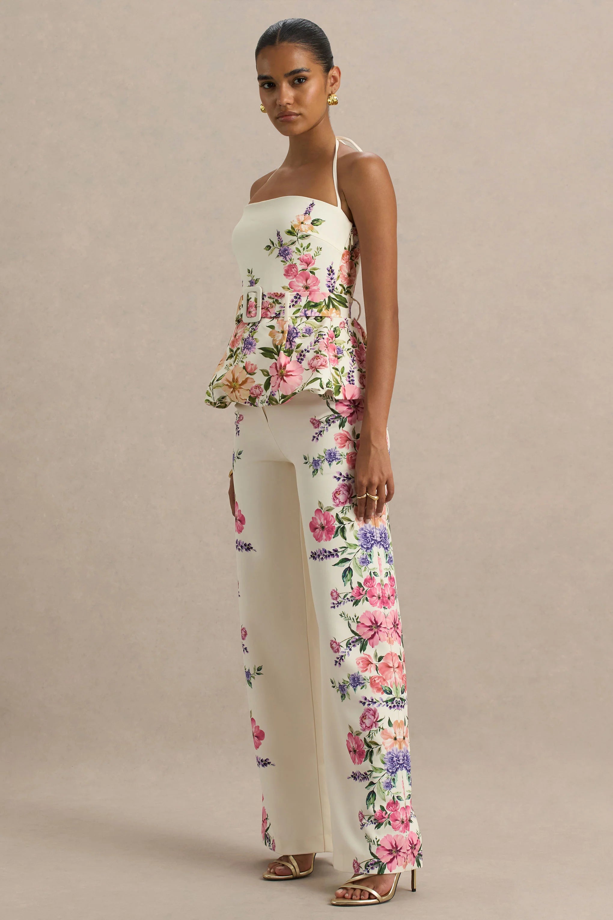 Solana | White Floral Border Print Wide-Leg Trousers