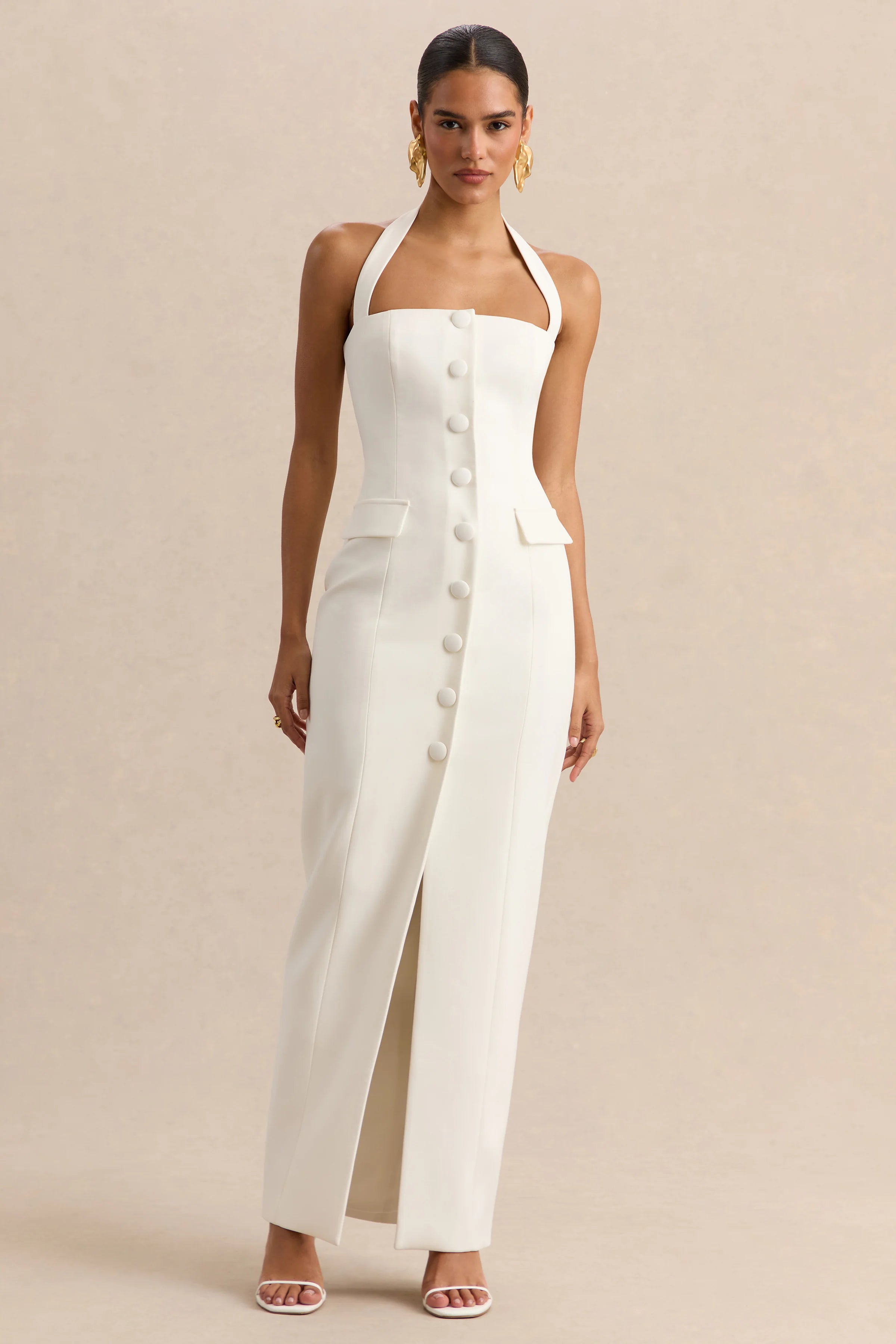 Steph | White Halter-Neck Tailored Maxi Dress