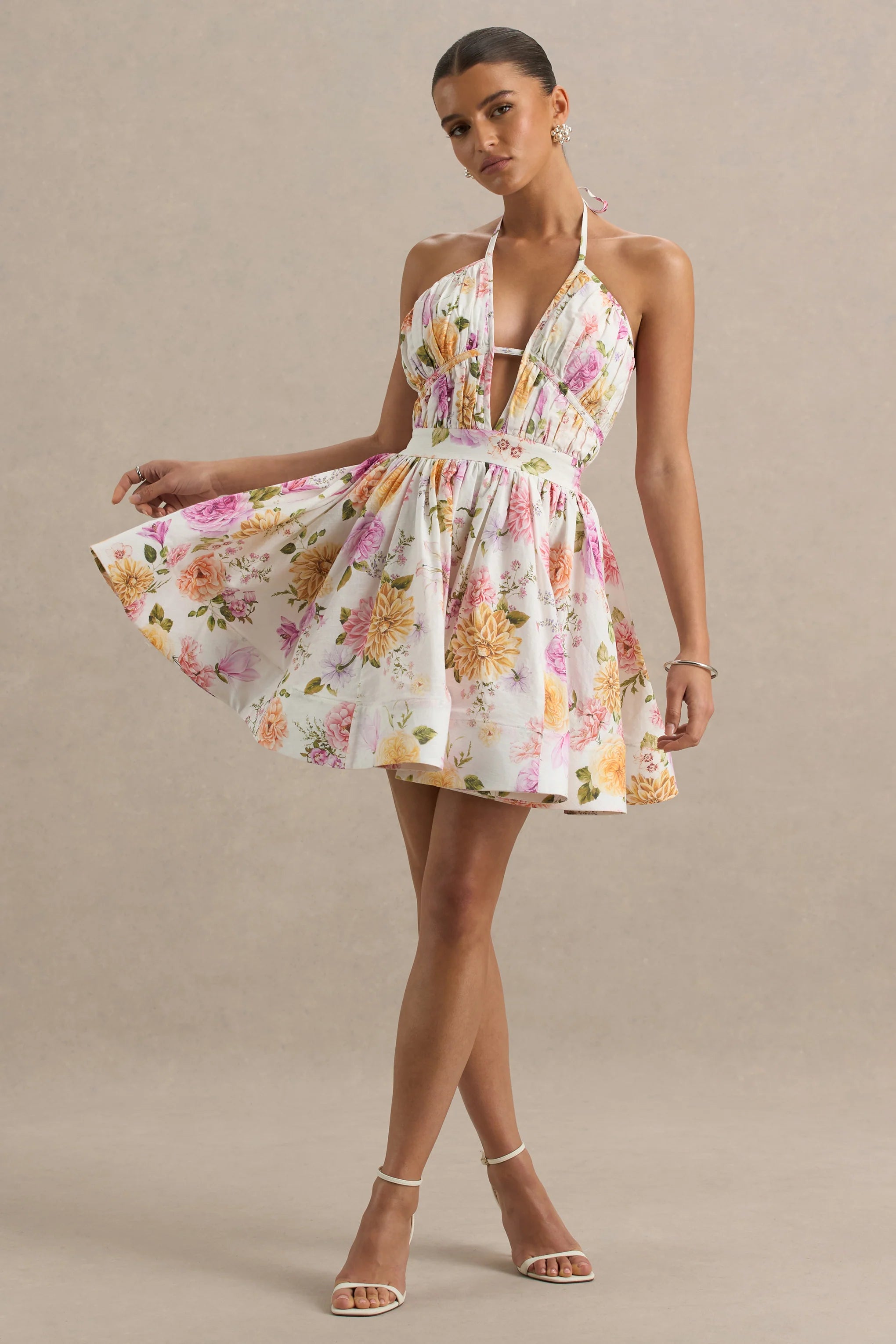 Kasey | Cream Floral Print Halter-Neck Mini Dress With Ruffle Detail