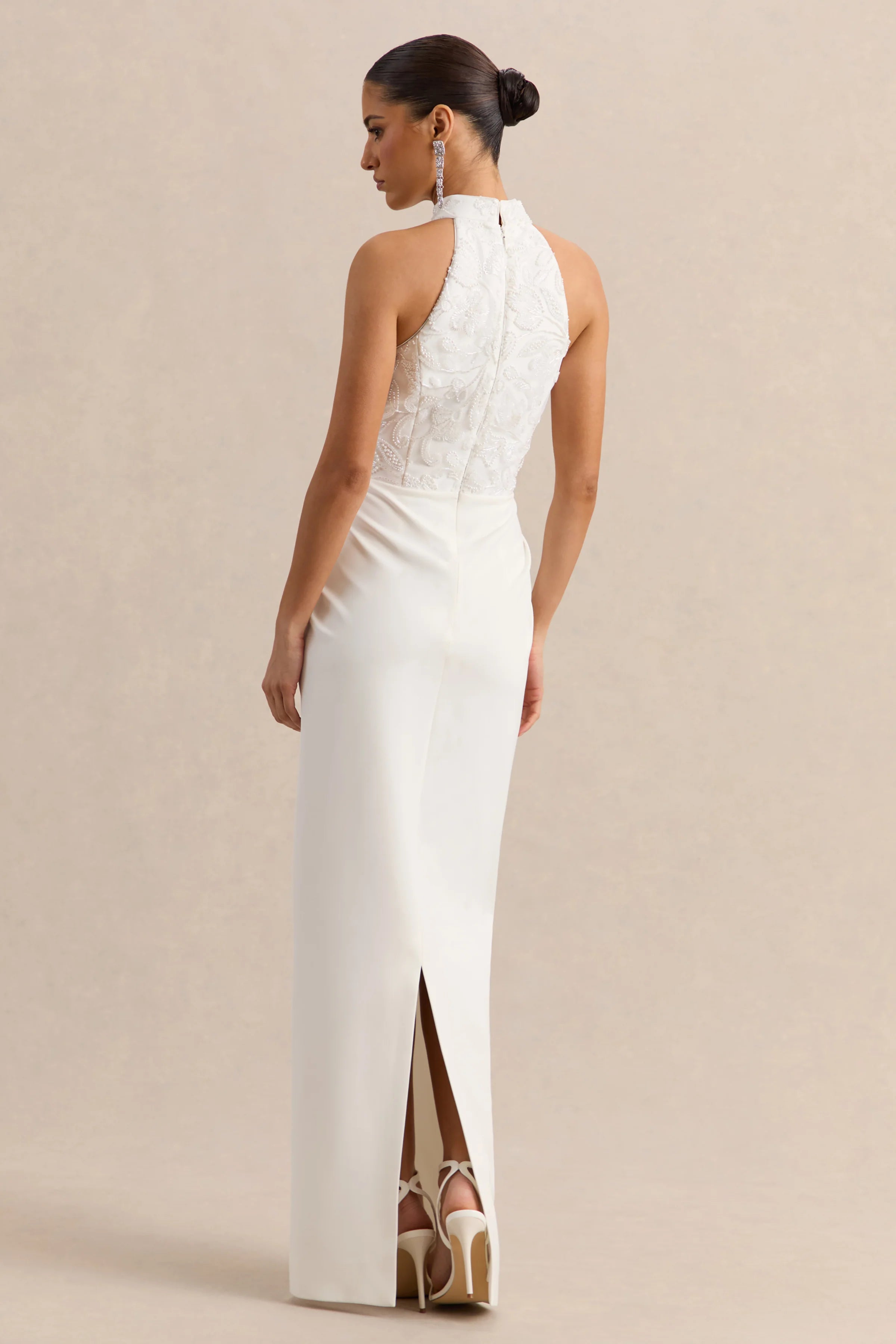 Charlotte | White Halter-Neck Maxi Dress With Gathered-Detailing