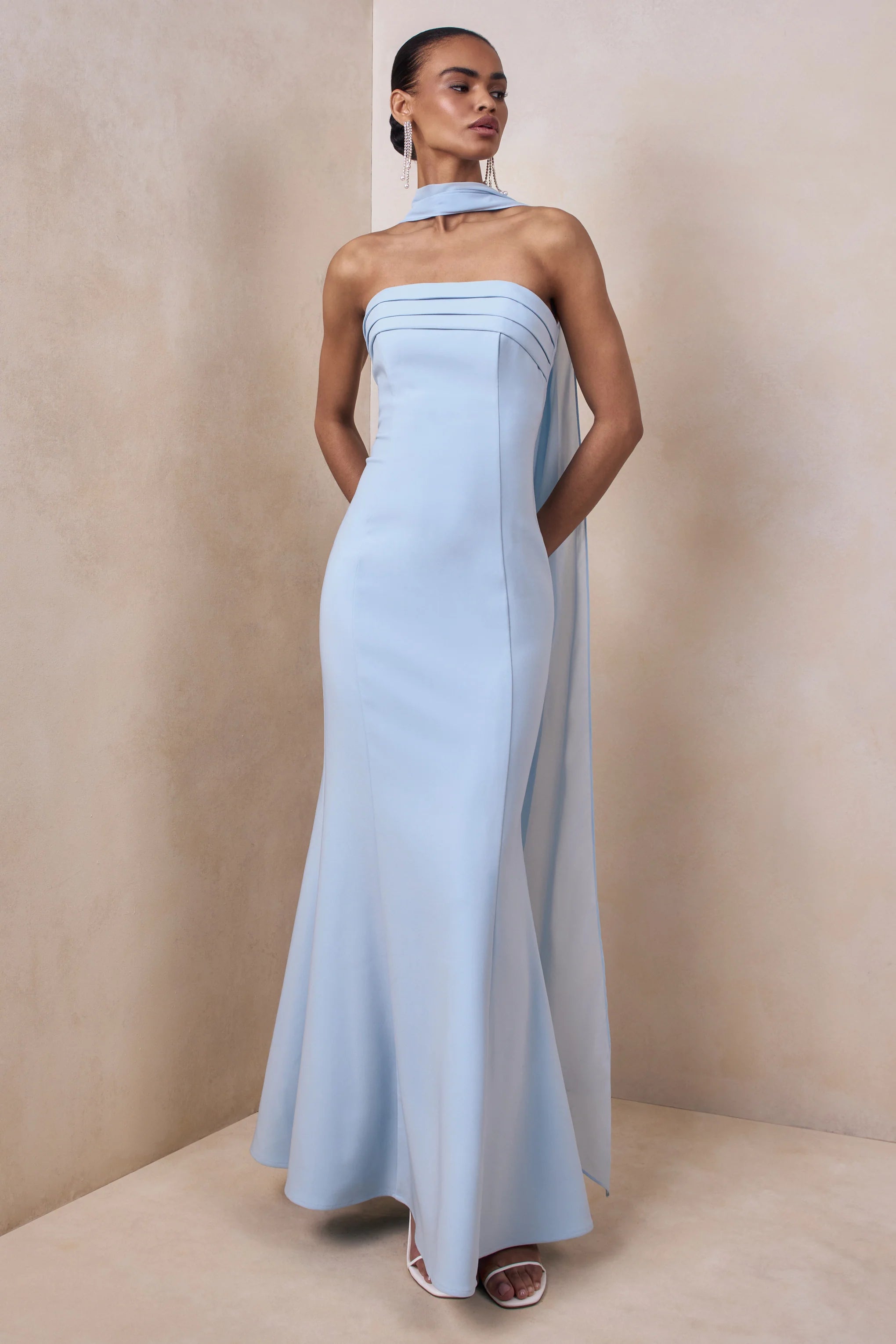 Nerissa | Light Blue Bandeau Maxi Dress With Scarf
