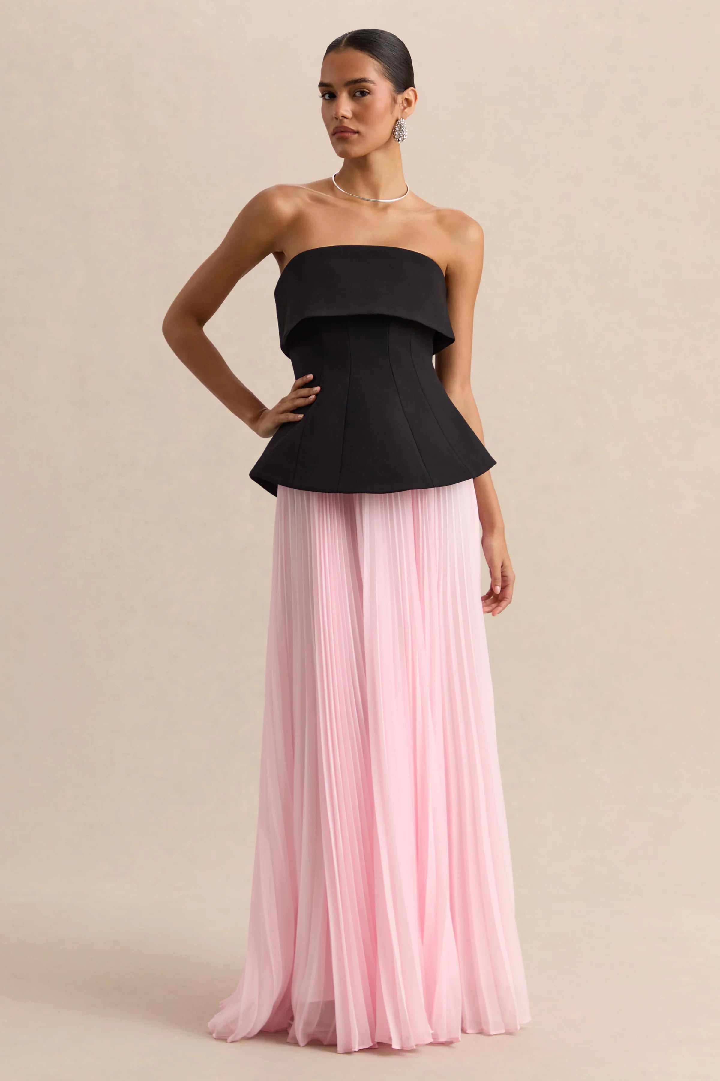 Stellara | Black & Pink Bandeau Corset Maxi Dress With Sheer Skirt