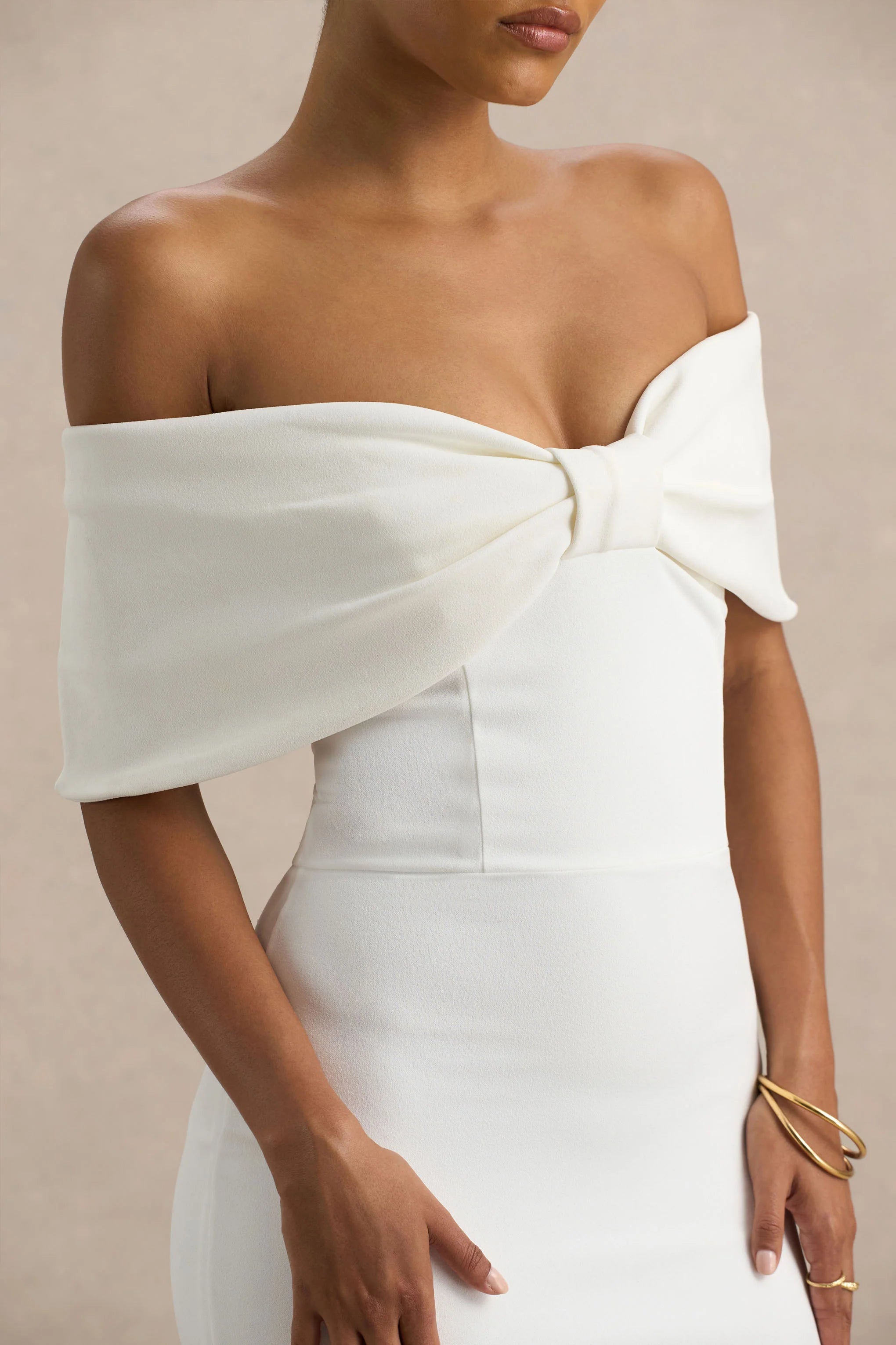 Bayshore | White Bow Bardot Midi Dress