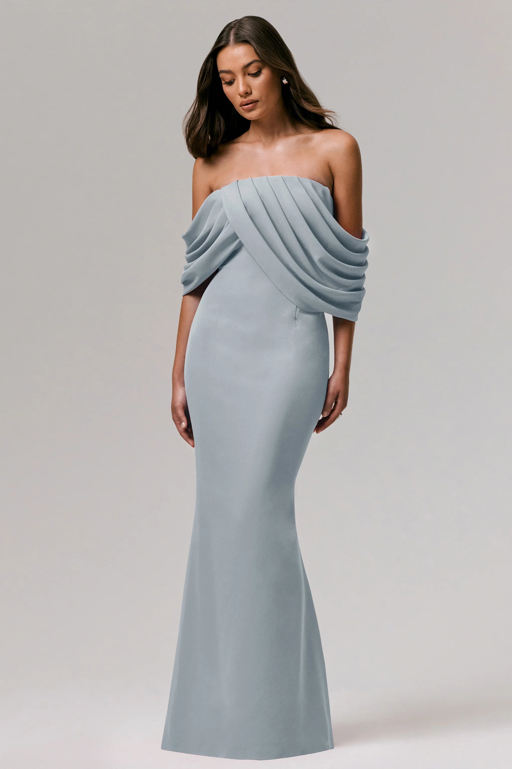Serene | Powder Blue Draped Bardot Maxi Dress